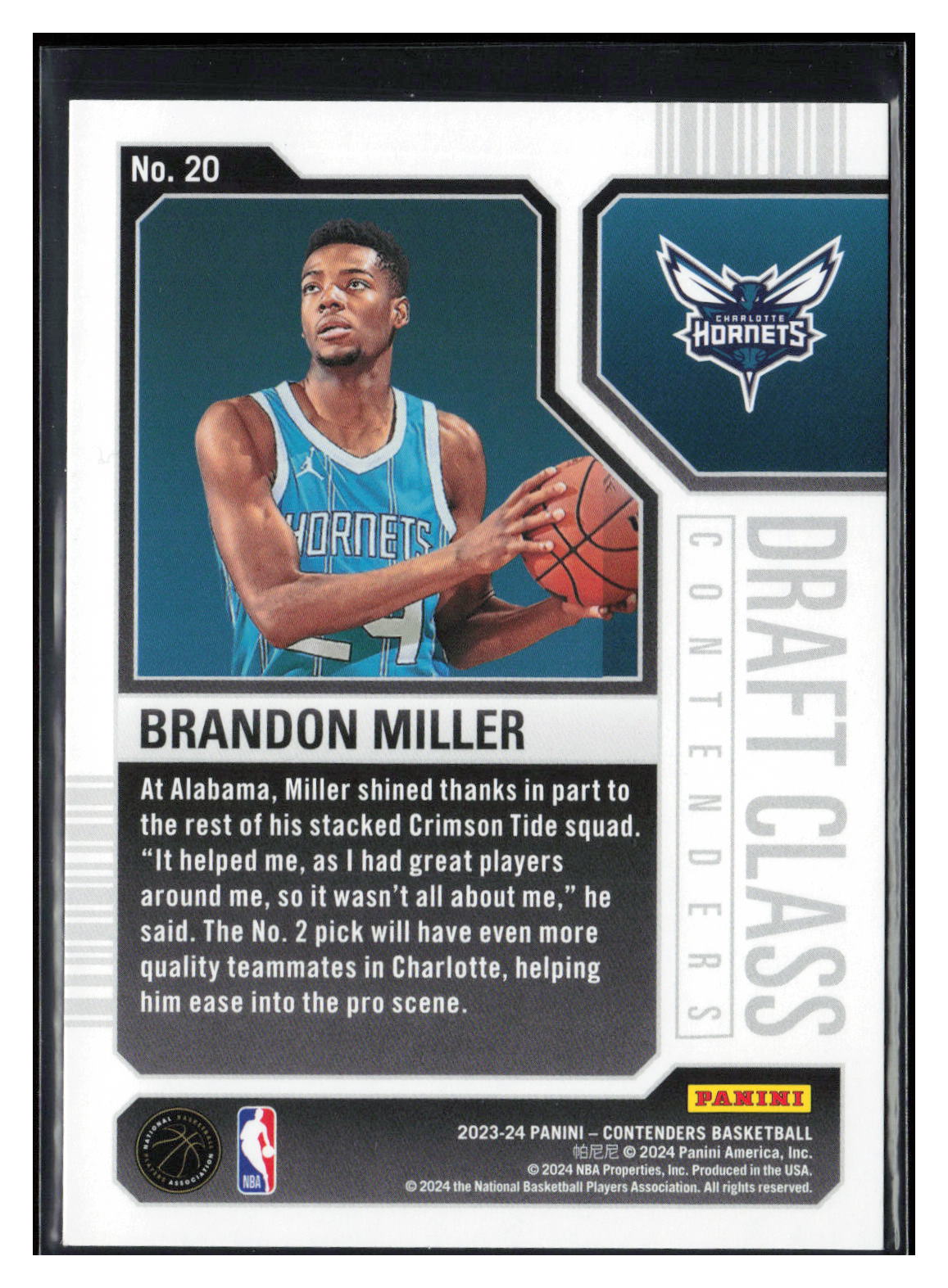 2023-24 Panini Contenders #20 Brandon Miller 2023 Draft Class Contenders