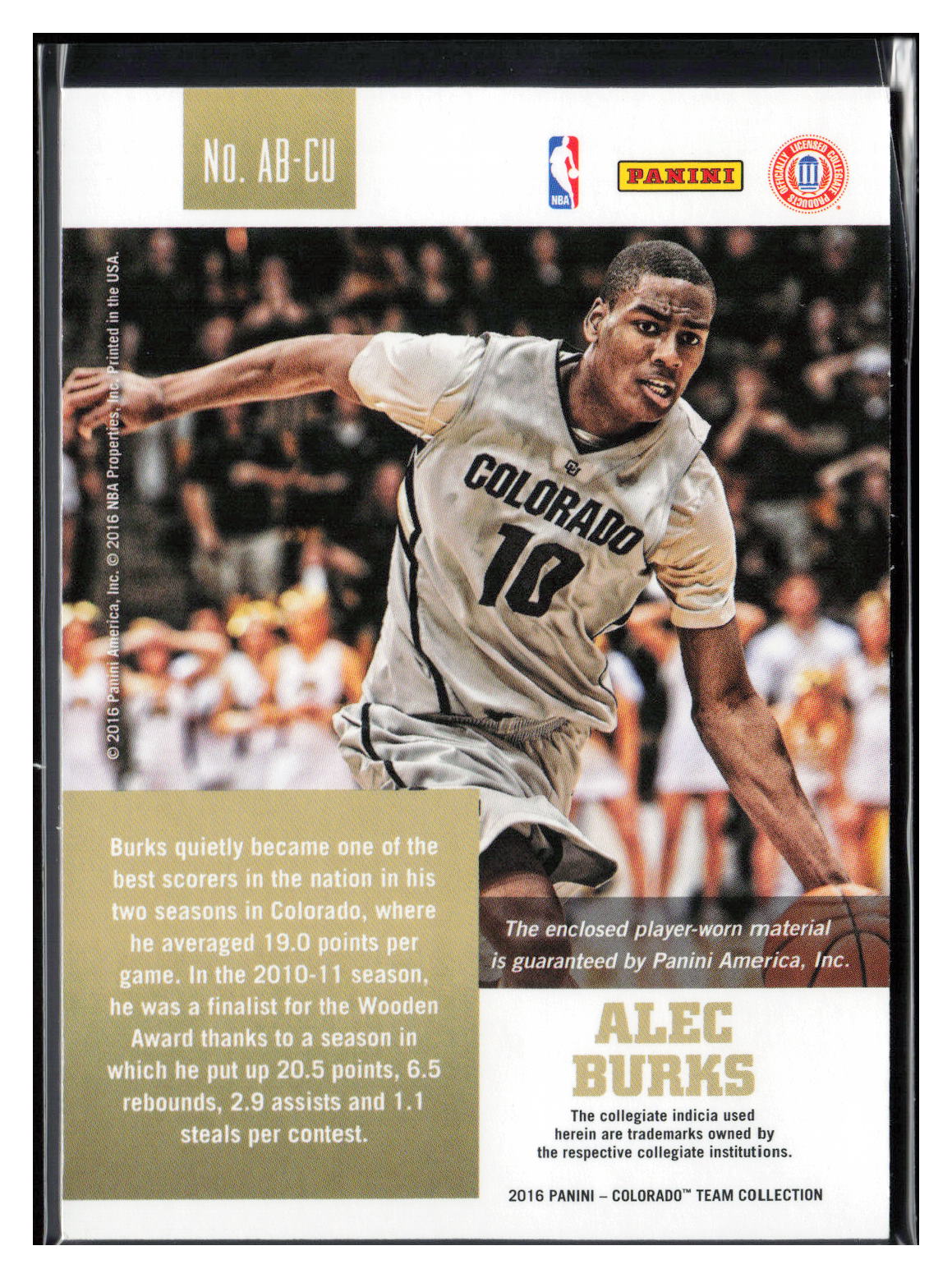 2016 Panini Colorado Buffaloes #AB-CU Alec Burks Memorabilia
