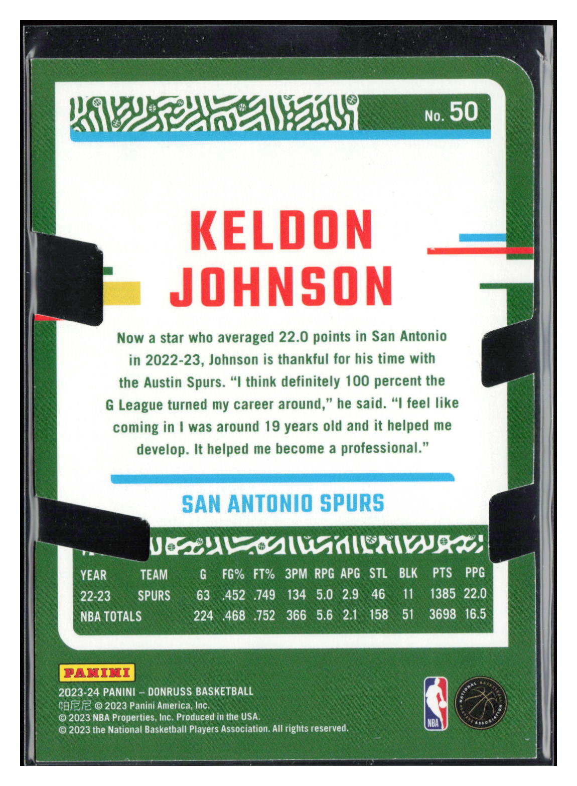 2023-24 Donruss #50 Keldon Johnson Gold Die Cut Press Proof #/25