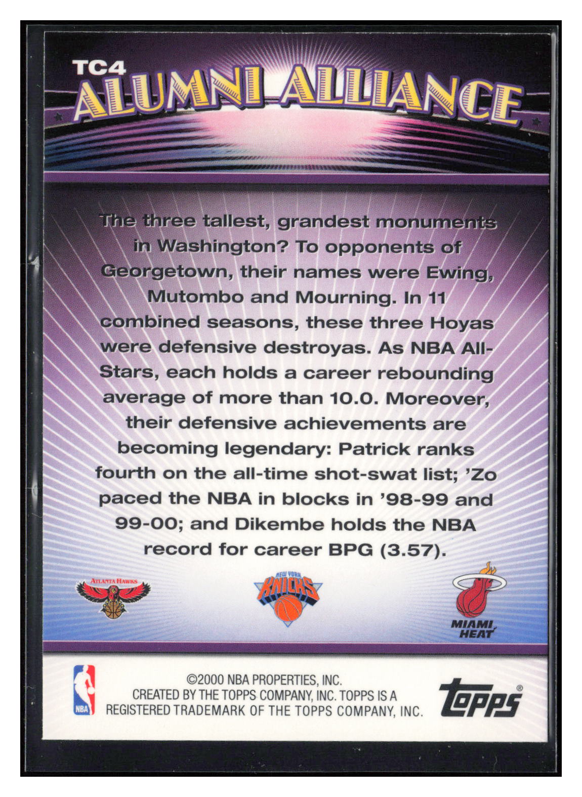 00-01 Topps #TC4 Mutombo / Ewing / Mourning Topps Combos Series One