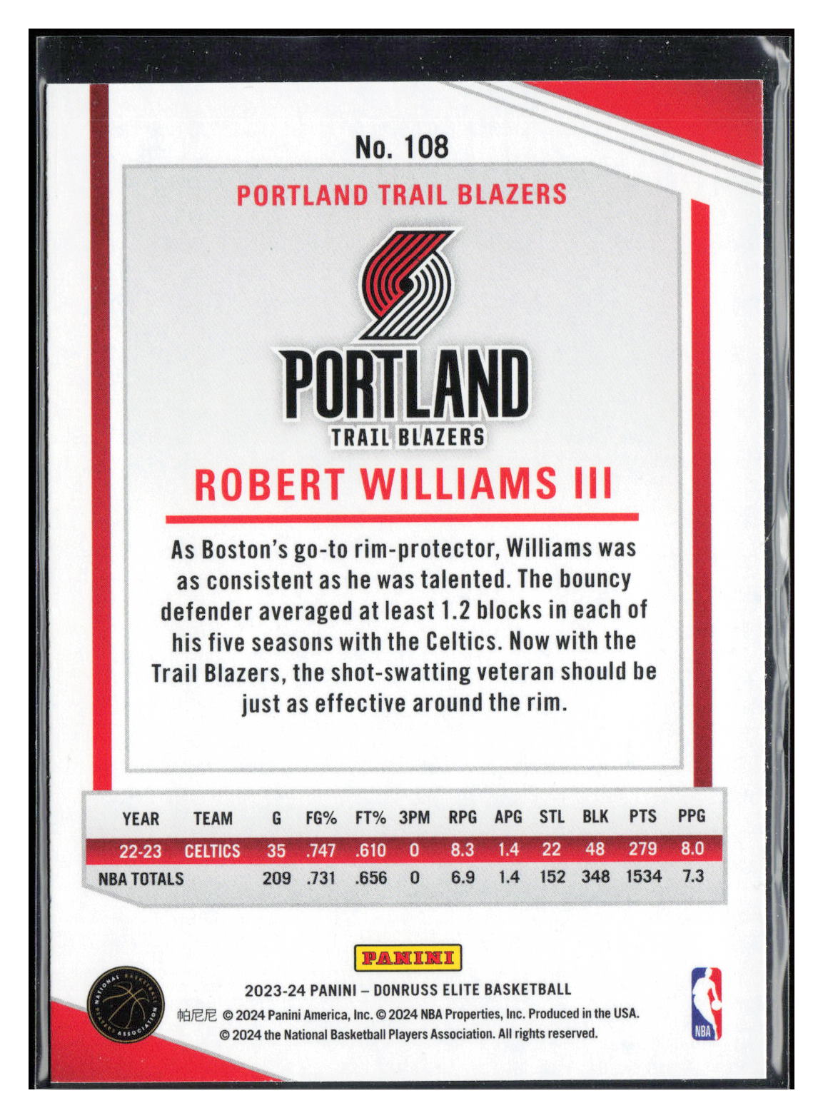 2023-24 Donruss Elite #108 Robert Williams III International Hyper Red and Green