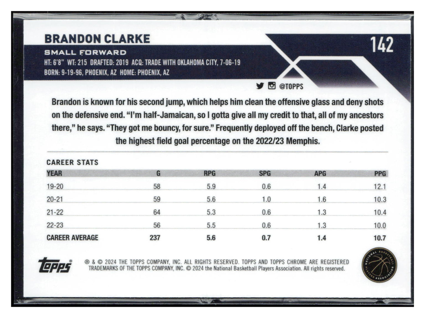 2023-24 Topps Chrome #142 Brandon Clarke Blue Basketball Refractors