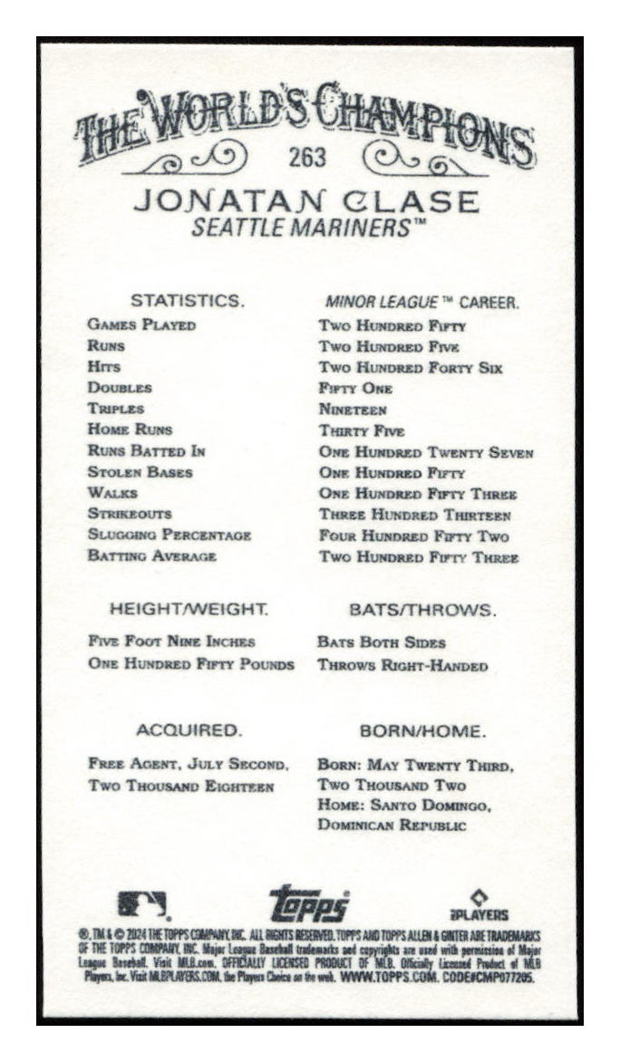 2024 Topps Allen & Ginter #263 Jonatan Clase Mini Gold Border
