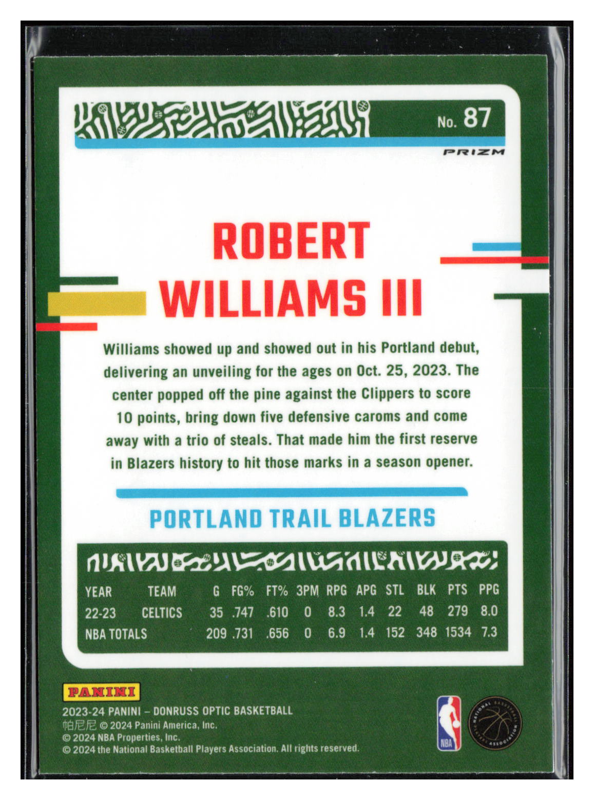 2023-24 Donruss Optic #87 Robert Williams III Hyper Green