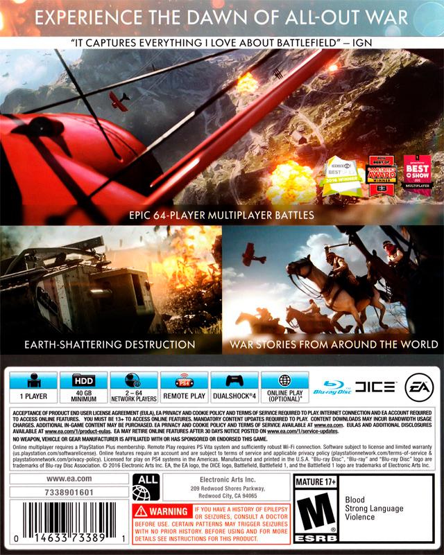 Battlefield 1 | PlayStation 4 | North America | back cover scan: Back Cover | PriceCharting