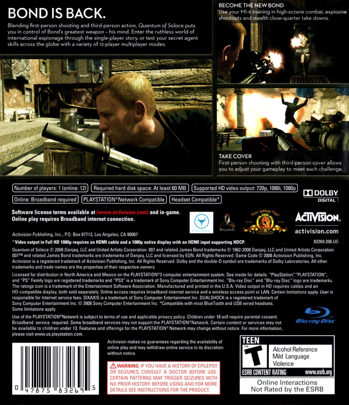 007: Quantum of Solace | PlayStation 3 | North America | back cover scan: Back Cover | PriceCharting