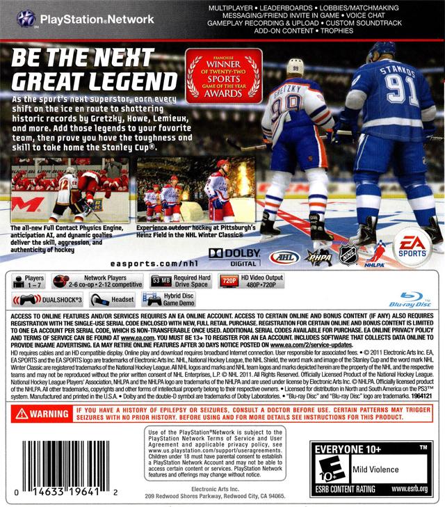NHL 12 | PlayStation 3 | North America | back cover scan: Back Cover | PriceCharting