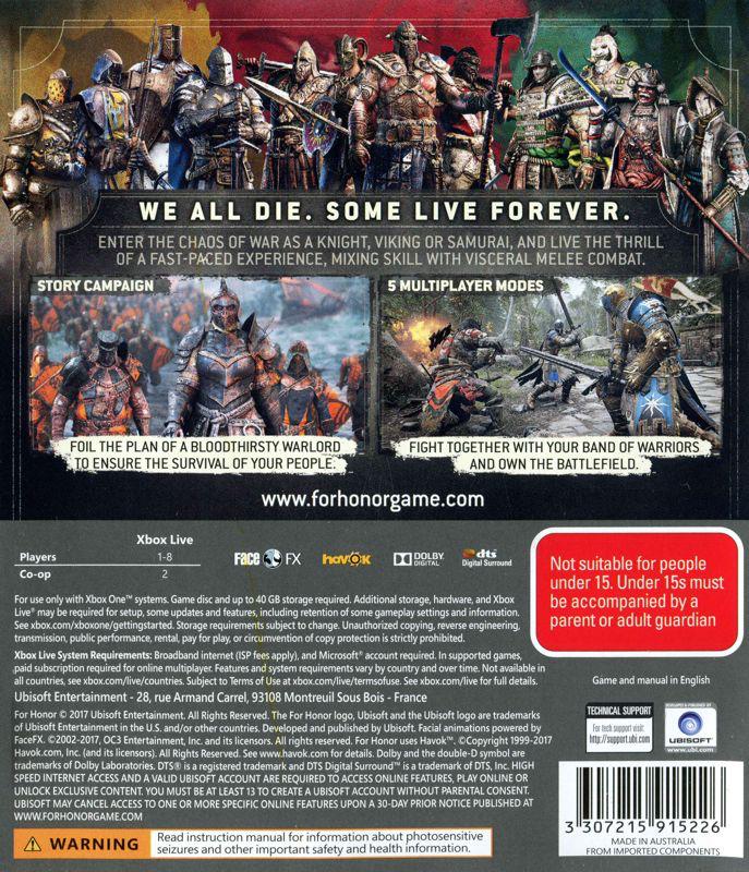 For Honor | Xbox One | North America | back cover scan: Back Cover | PriceCharting