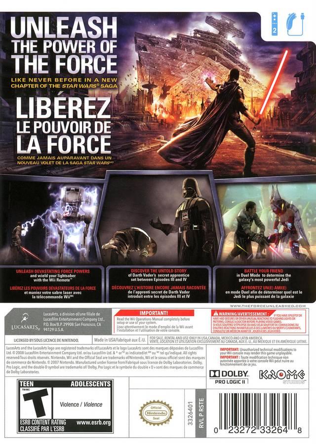 Star Wars: The Force Unleashed | Wii | North America | back cover scan: Back Cover | PriceCharting