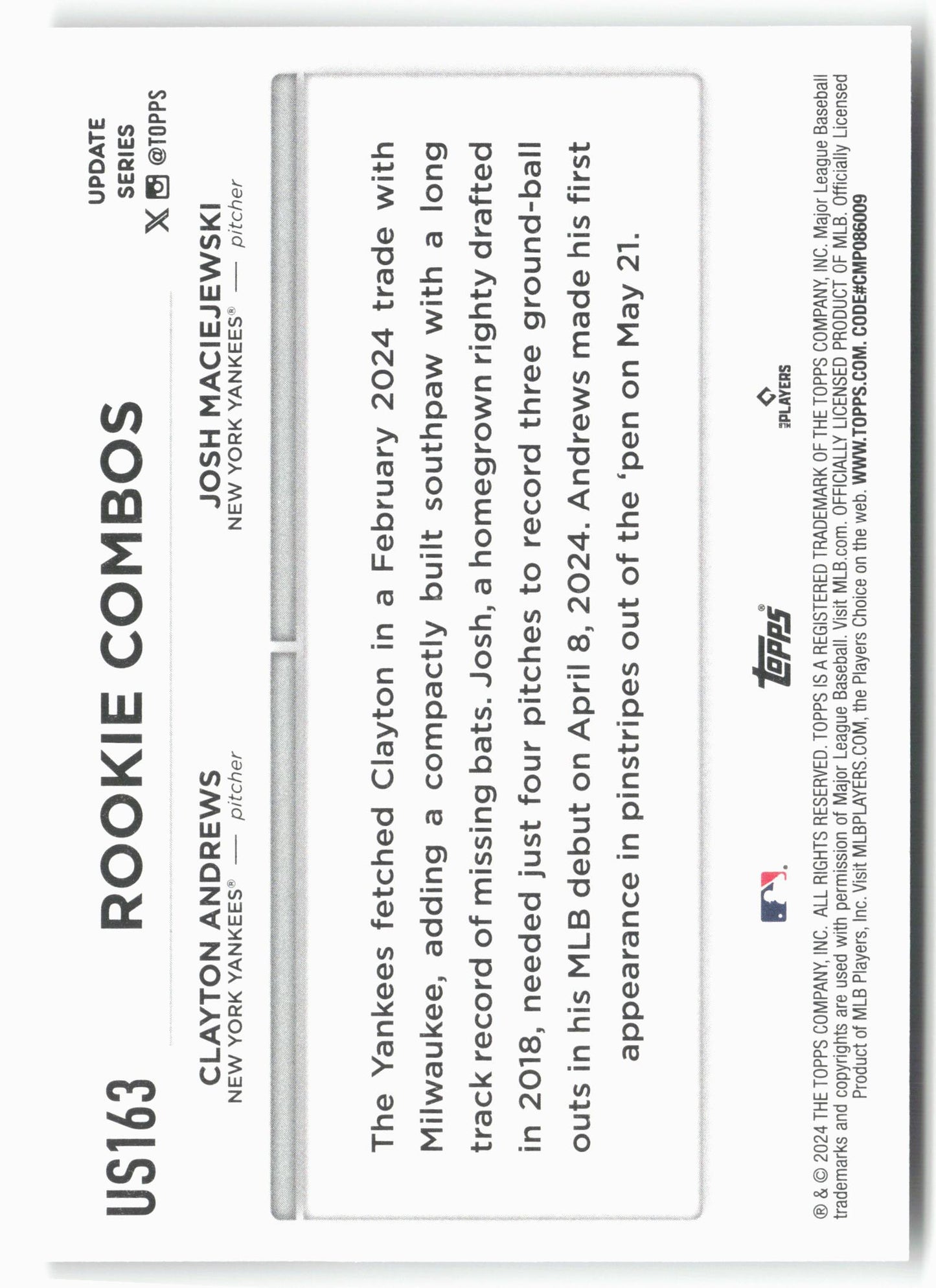 2024 Topps Update #US163 Clayton Andrews / Josh Maciejewski RCOM, RC