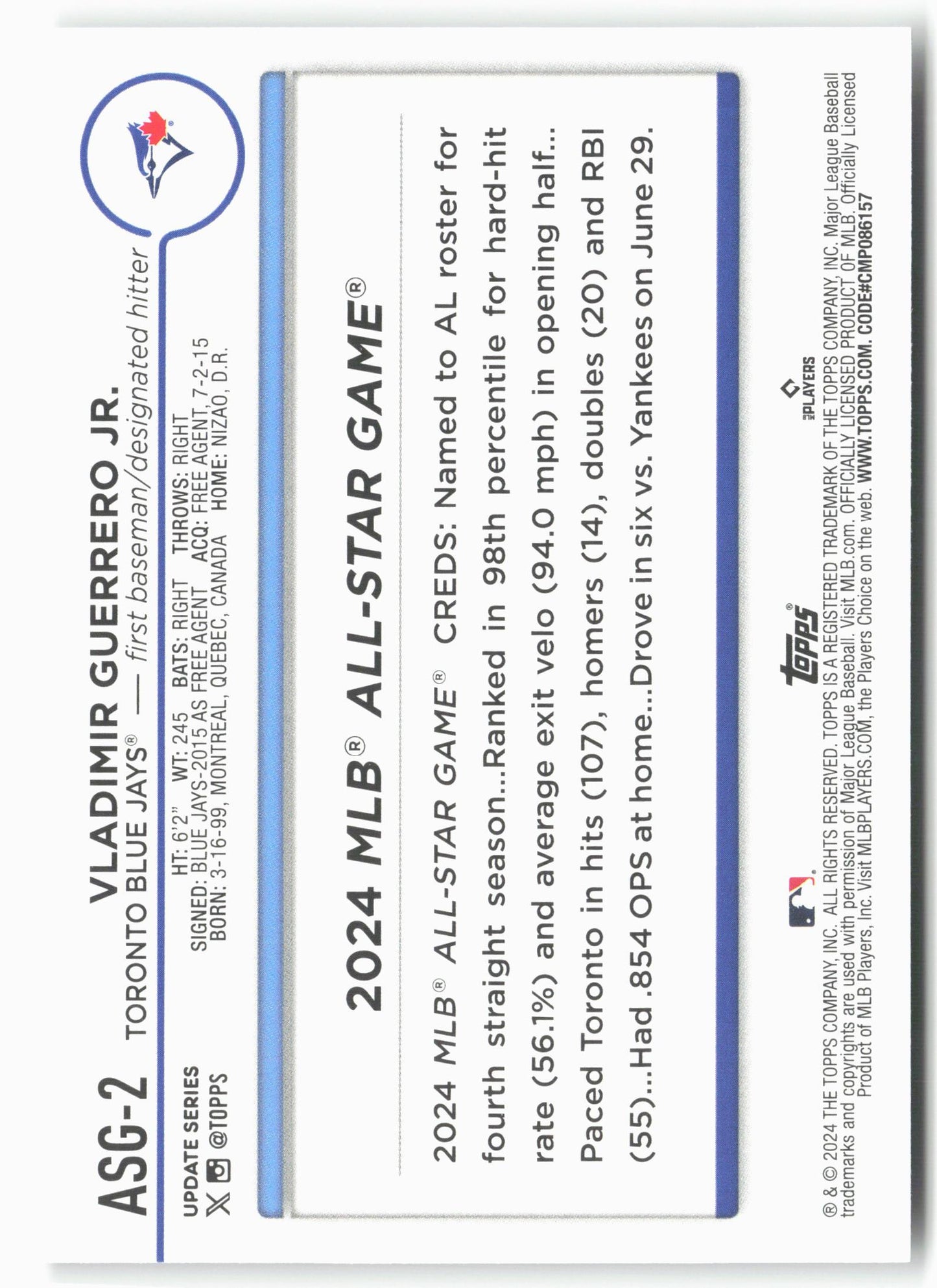 2024 Topps Update #ASG-2 Vladimir Guerrero Jr. 2024 All-Star Game