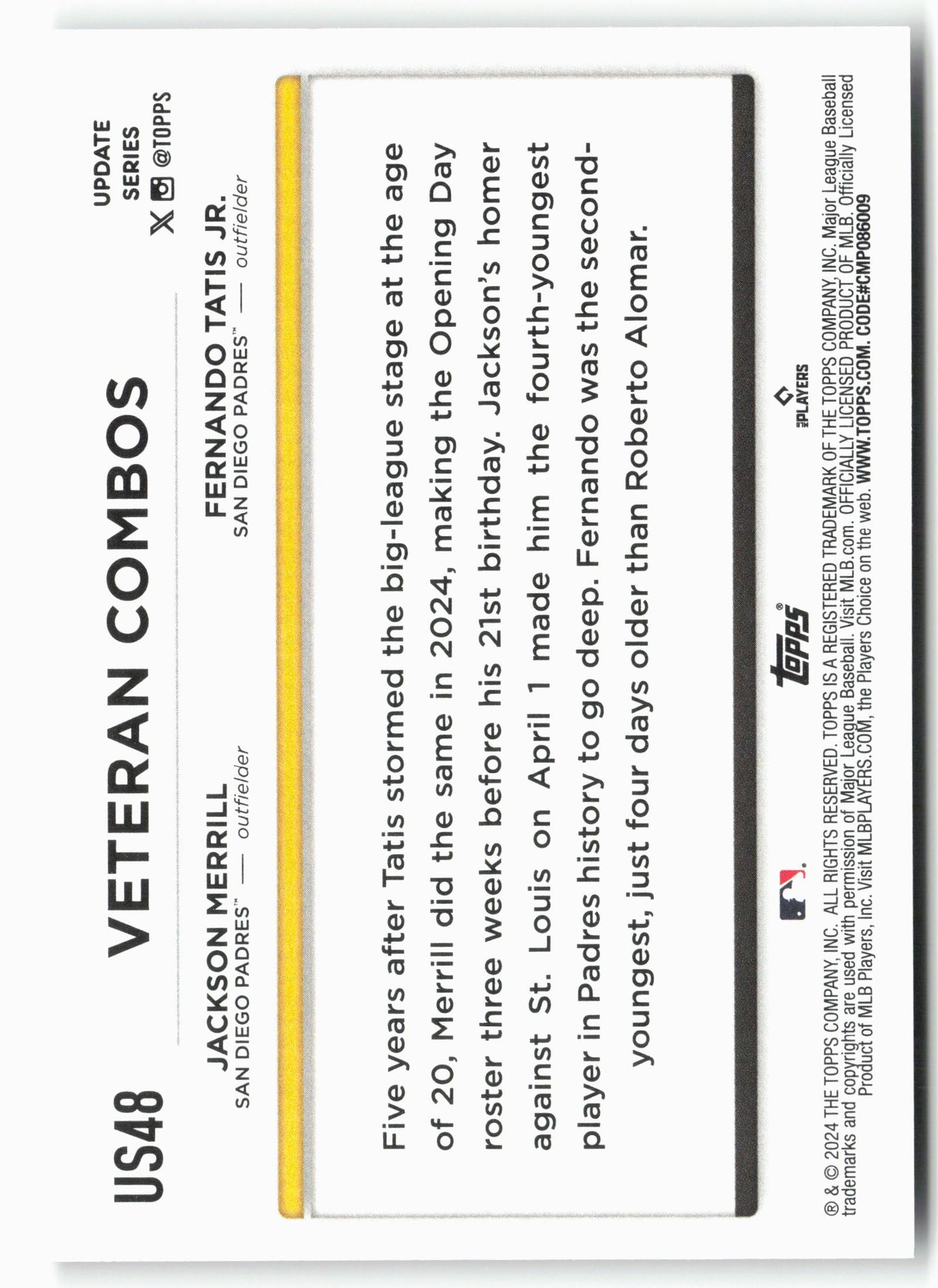 2024 Topps Update #US48 Young & Hungry: 20-Somethings Fuel S.D. CC