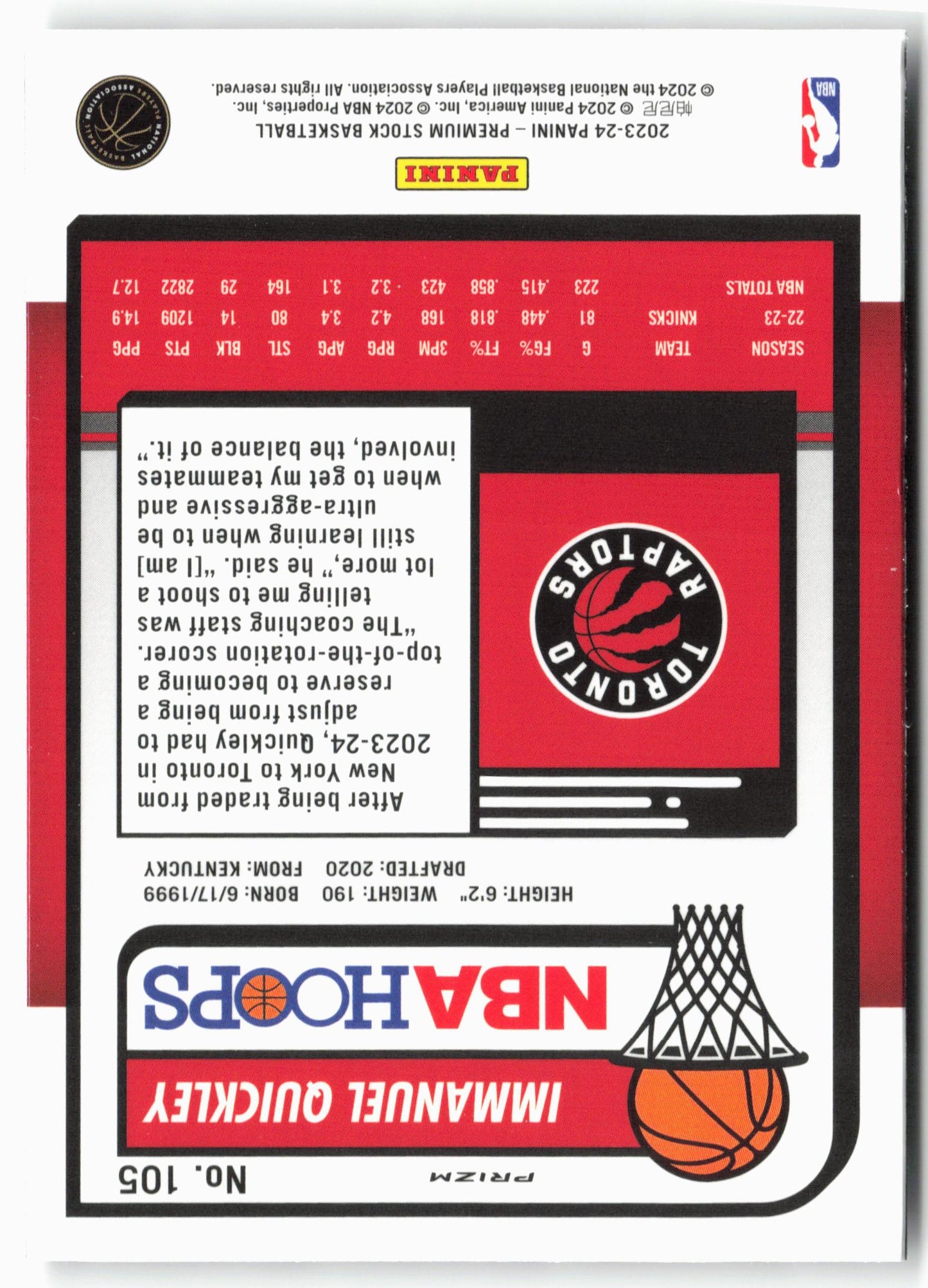 2023-24 Panini Premium Stock #105 Immanuel Quickley Seismic Prizm