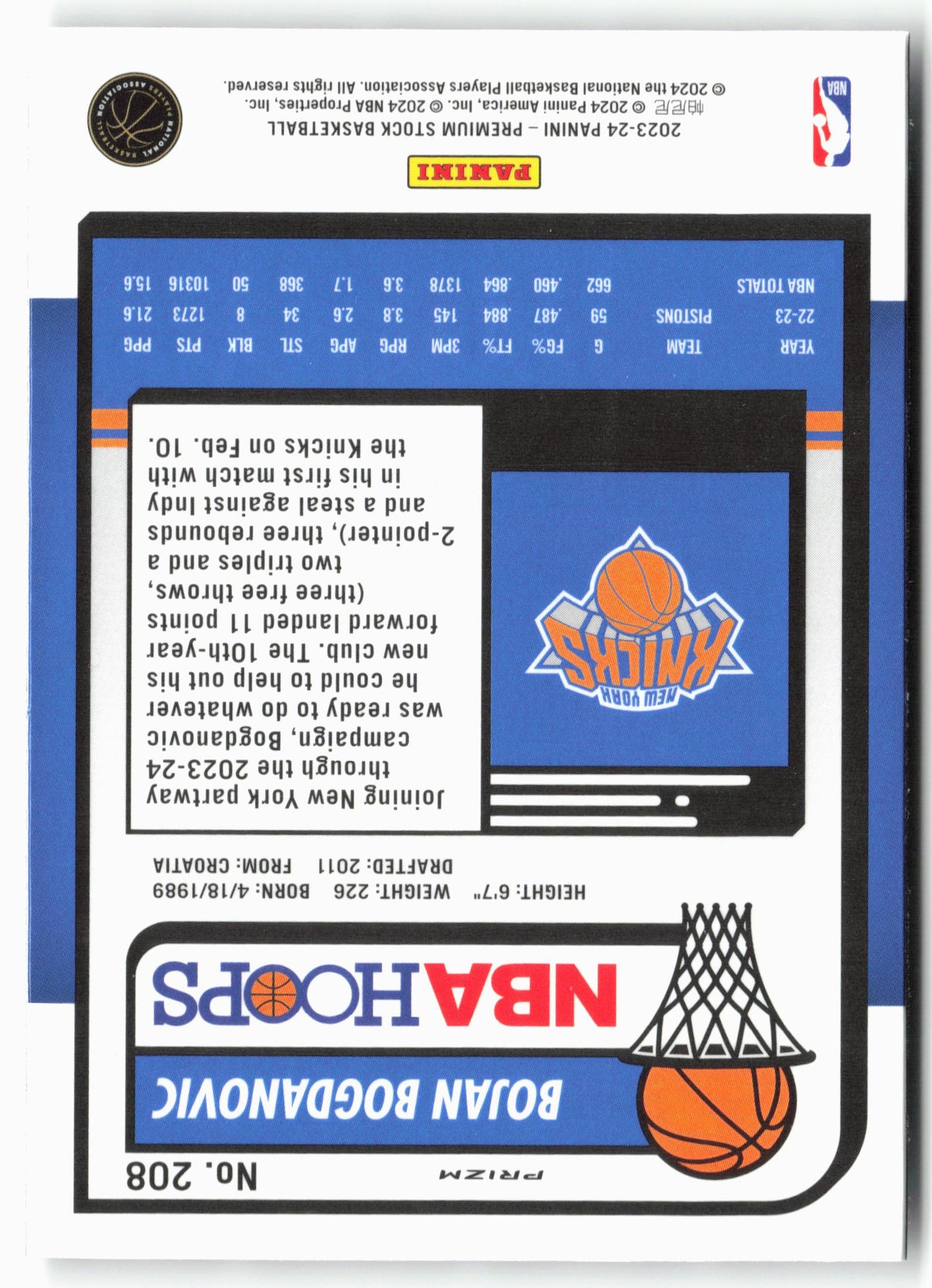 2023-24 Panini Premium Stock #208 Bojan Bogdanovic Seismic Prizm