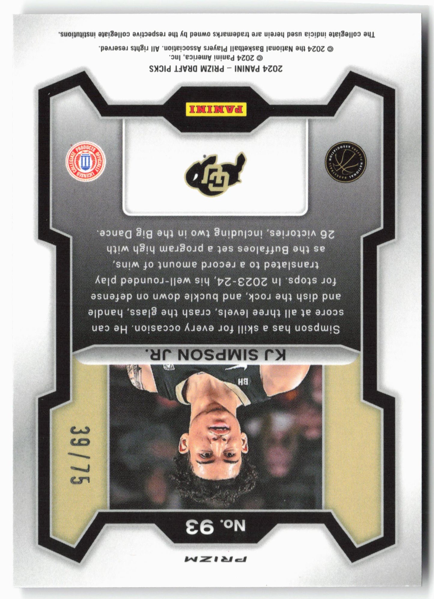 2024 Panini Prizm Draft Picks #93 KJ Simpson Jr. Purple Prizms #/75