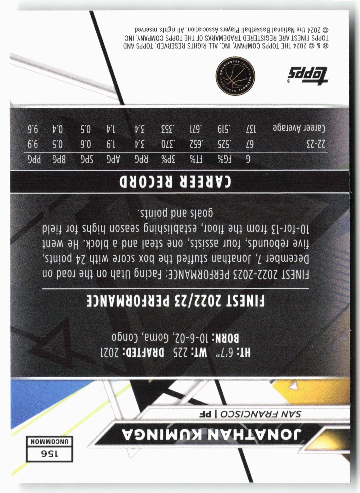 2023-24 Finest #156 Jonathan Kuminga Checkerboard Refractors