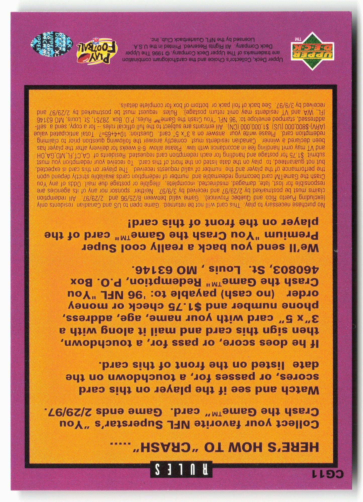 1996 Collector's Choice #CG11a Jerry Rice You Crash the Game Silver October 27 L