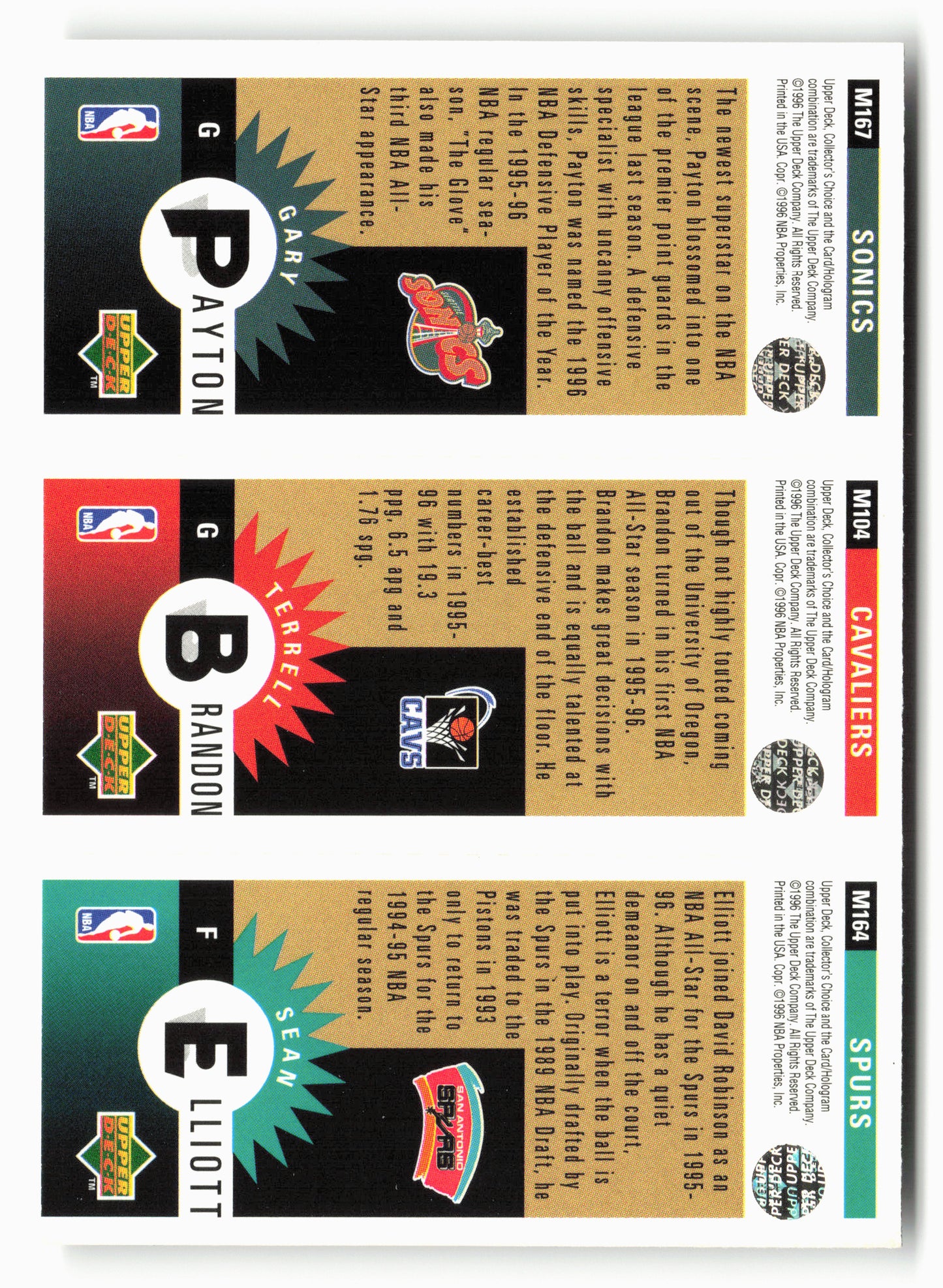 1996-97 Collector's Choice  Elliott / Brandon / Payton Mini-Cards Panels Gold