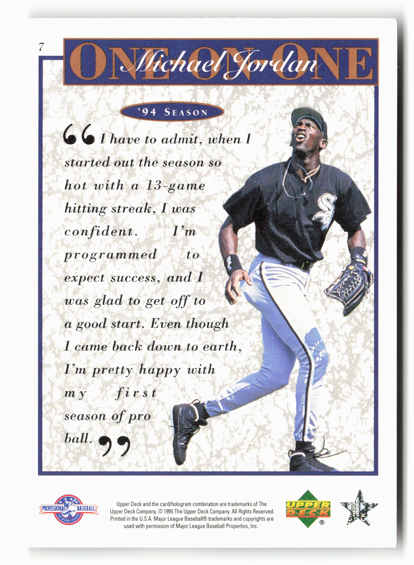 1995 Upper Deck Minor League #7 Michael Jordan Michael Jordan One On One