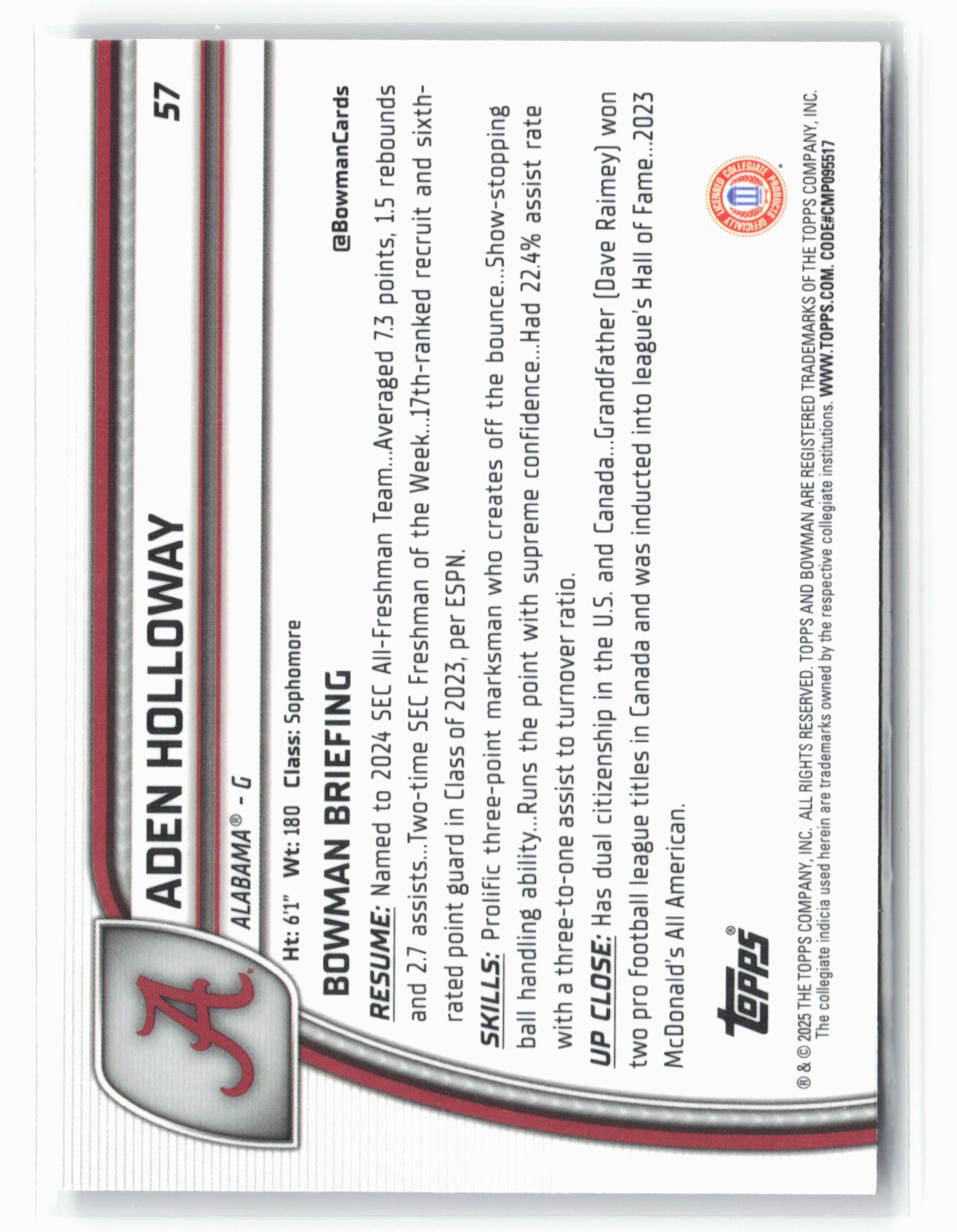 2024-25 Bowman University Chrome #57 Aden Holloway Purple Lava Refractor