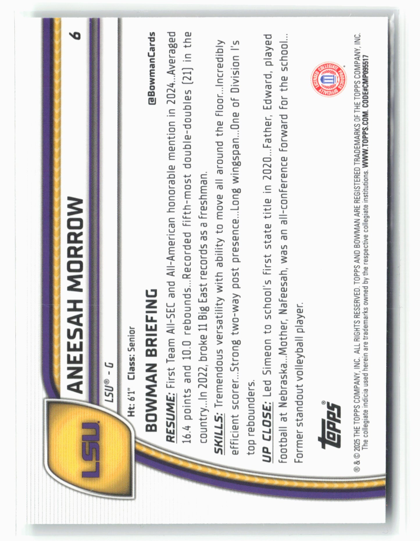 2024-25 Bowman University Chrome #6 Aneesah Morrow Green Shimmer Refractor