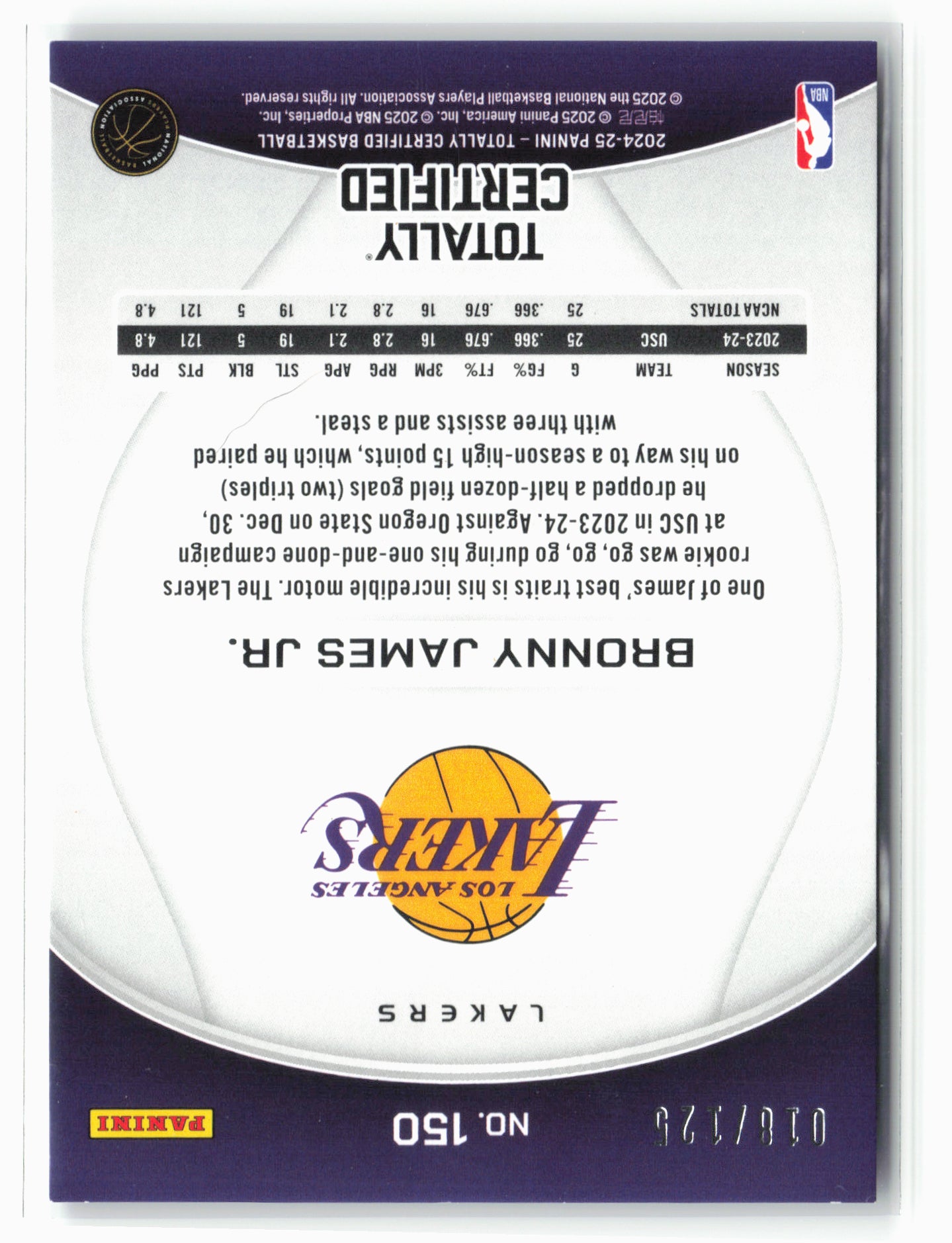 2024-25 Panini Totally Certified #150 Bronny James Jr. Mirror Pink #/125