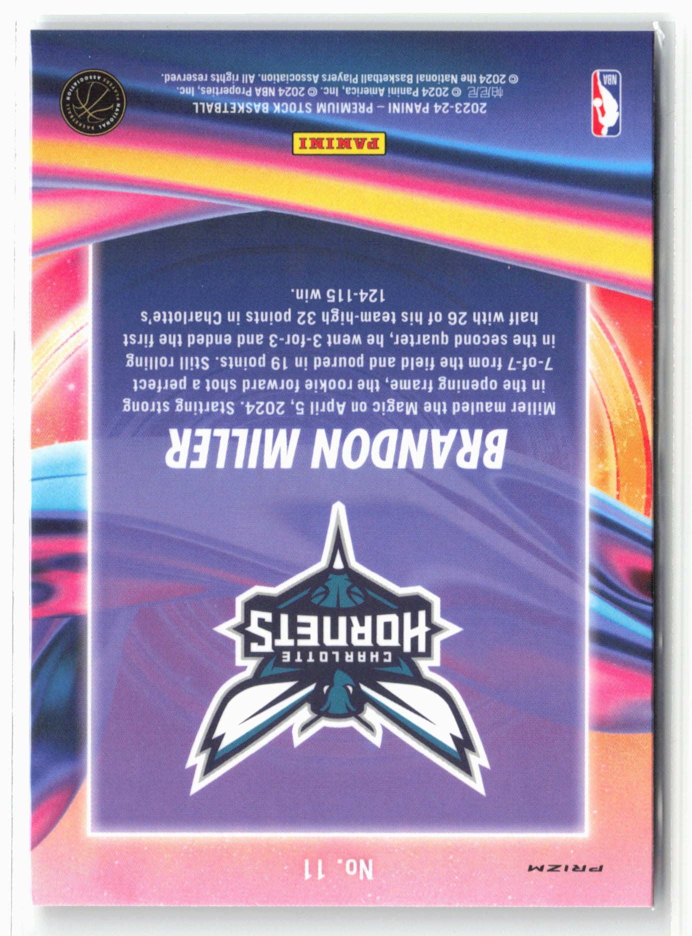 2023-24 Panini Premium Stock #11 Brandon Miller Anti Gravity Silver Prizm NM