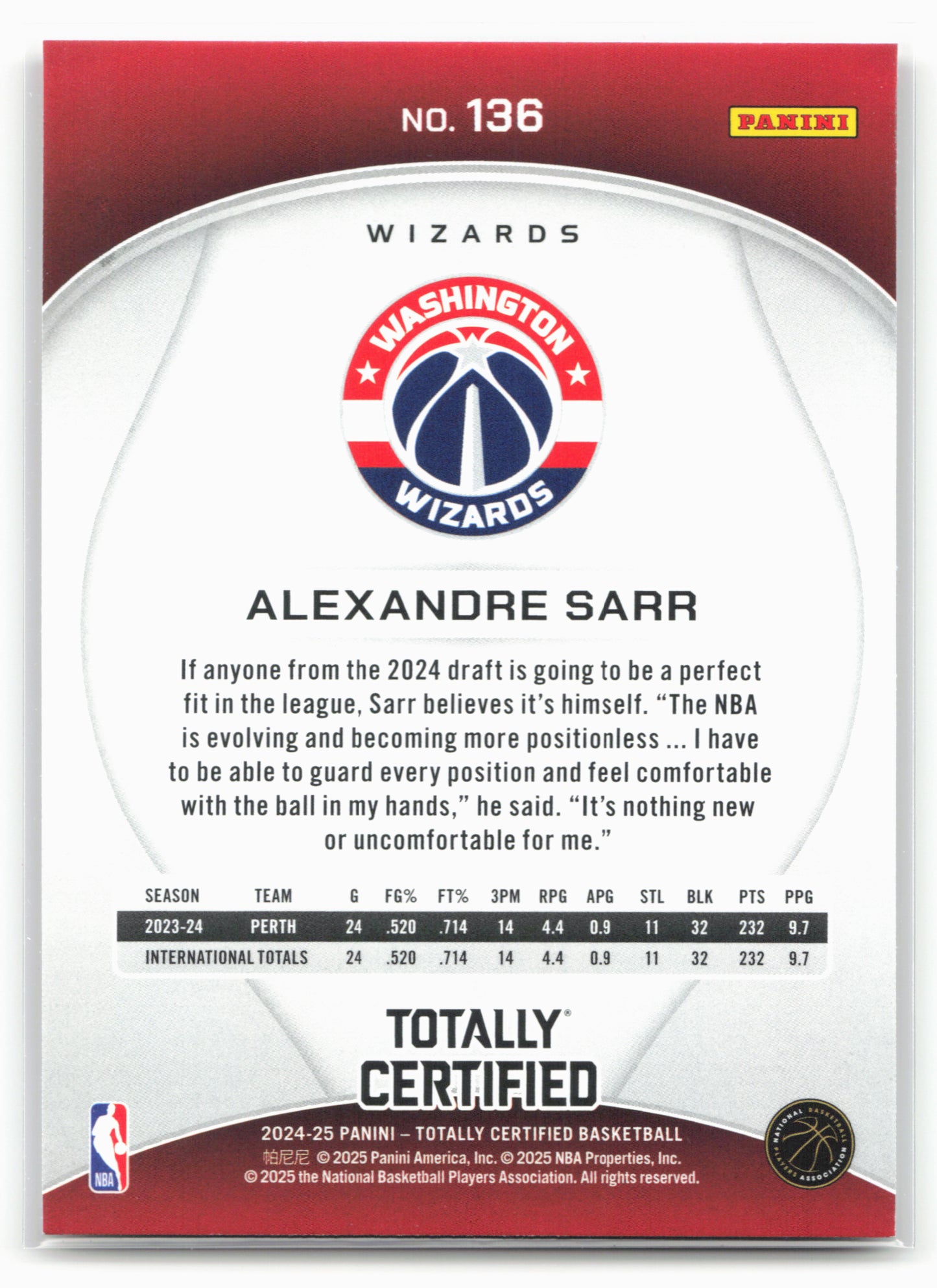 2024-25 Panini Totally Certified #136 Alexandre Sarr Mirror Maroon