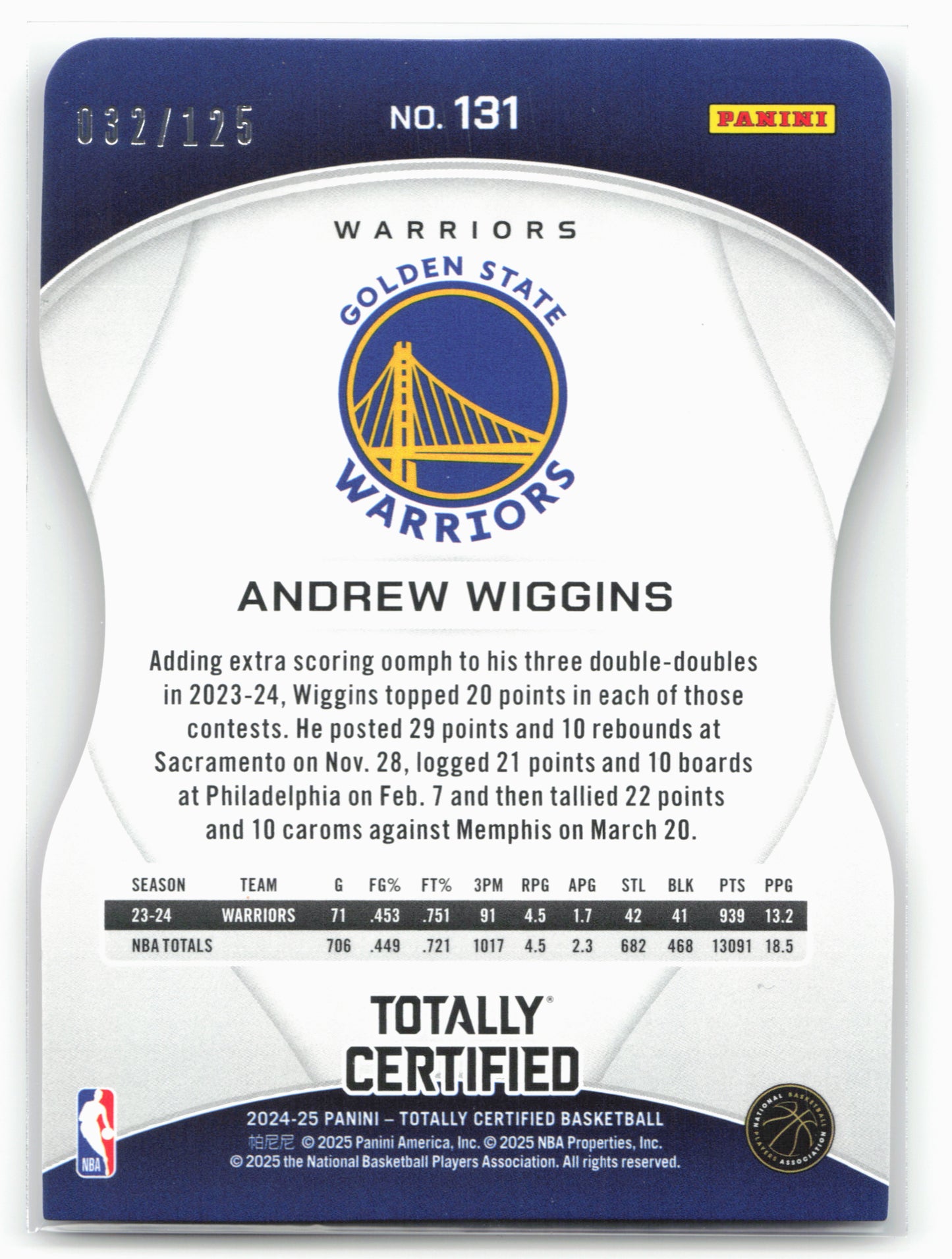 2024-25 Panini Totally Certified #131 Andrew Wiggins Red Platinum Die Cuts #/125