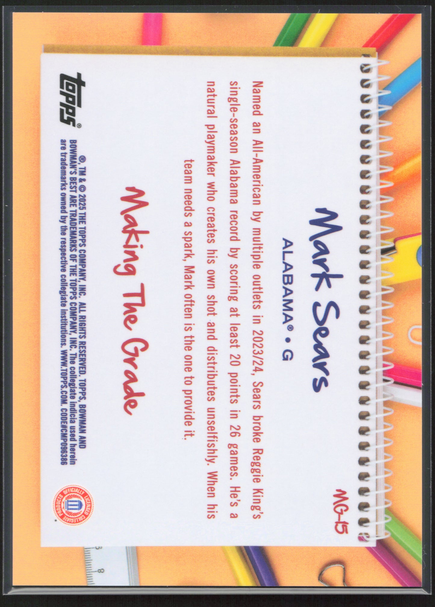 2024-25 Bowman's Best University #MG-15 Mark Sears Making the Grade Black #/10