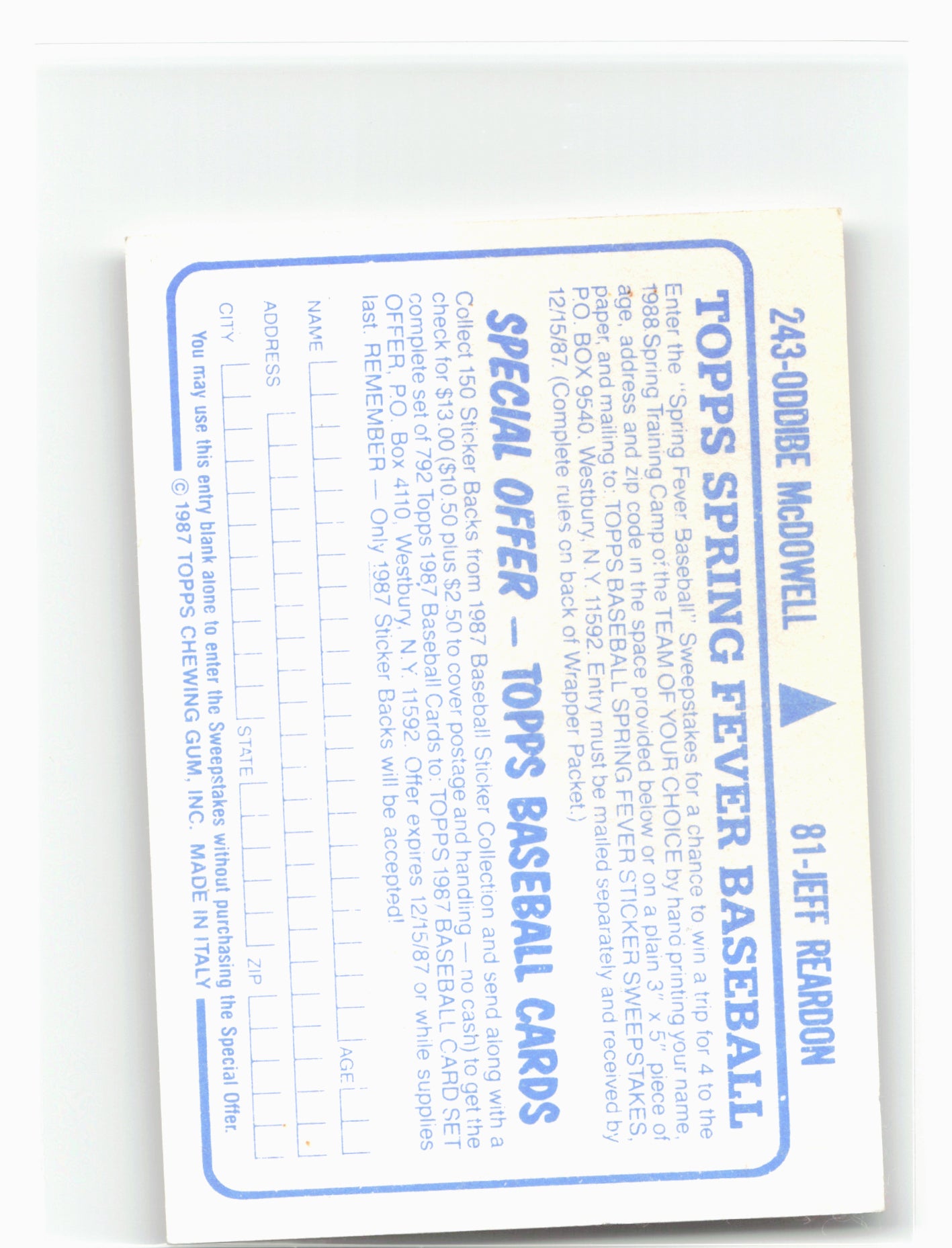 1987 Topps Stickers Hard Back Test Issue #81 243 Jeff Reardon Oddibe McDowell