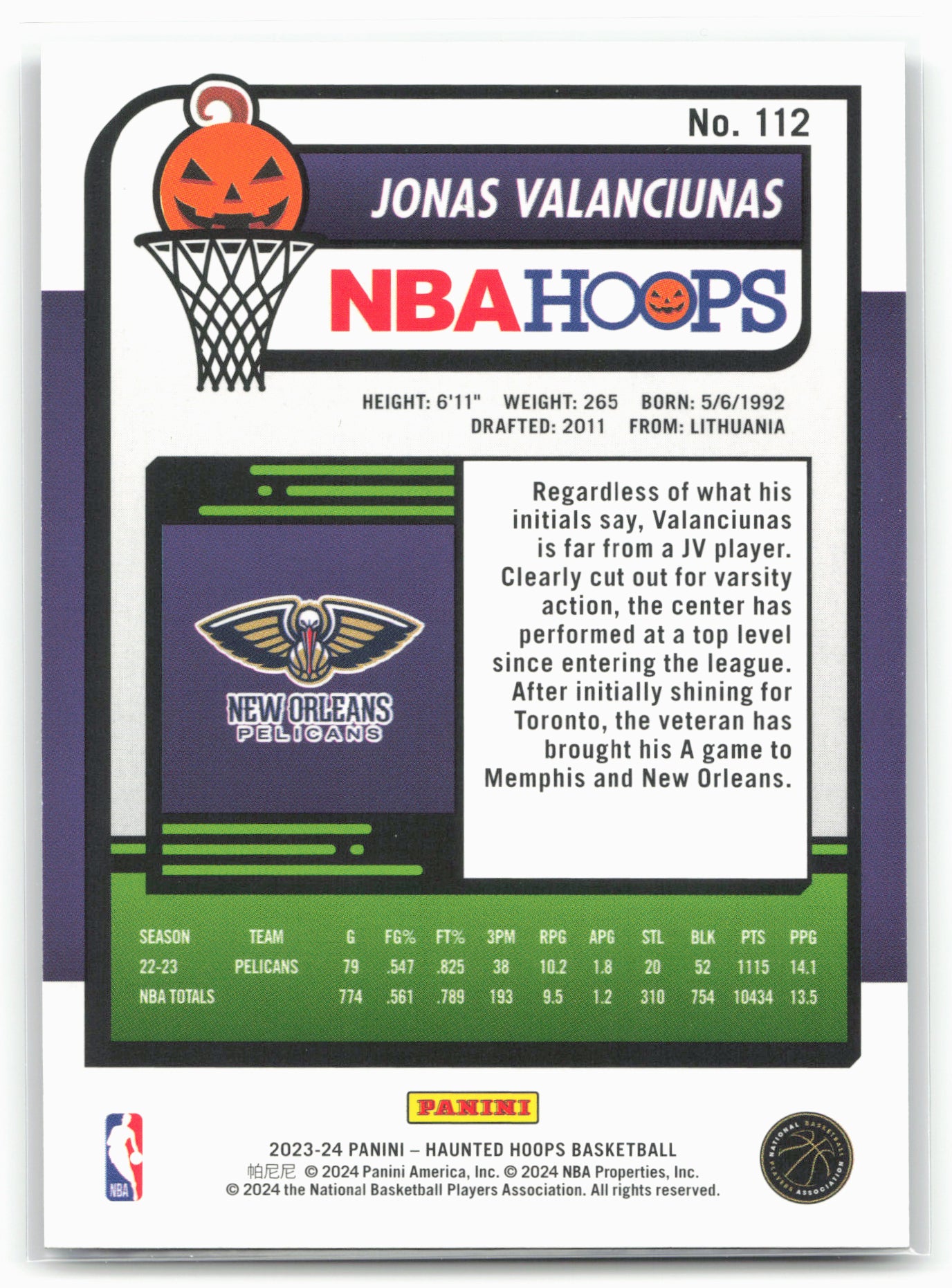 2023-24 Hoops Haunted Hoops #112 Jonas Valanciunas Holo Webs