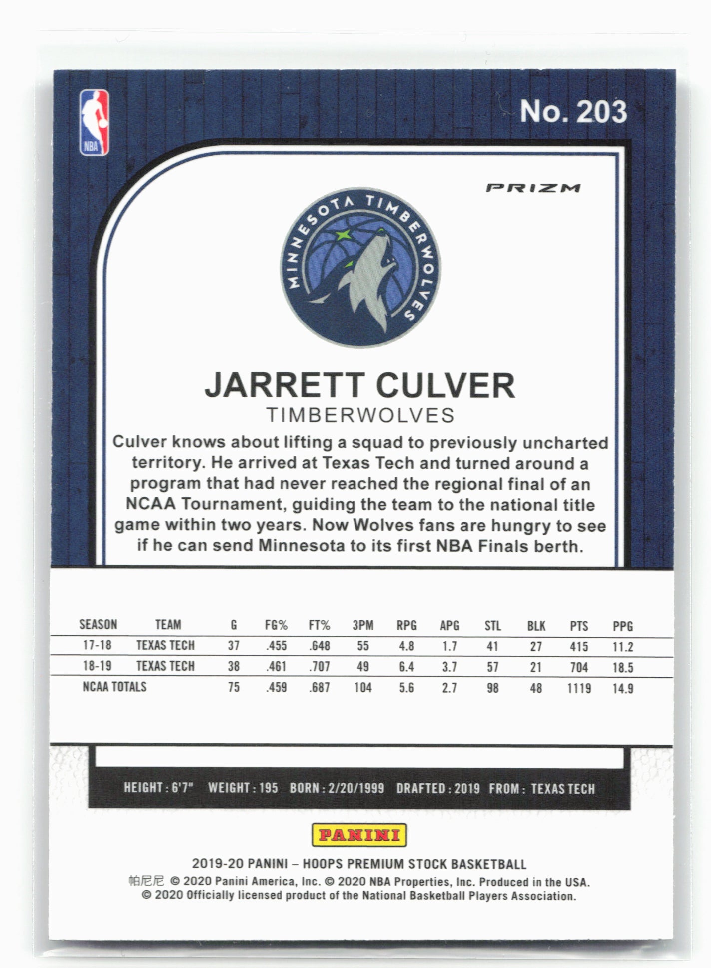 2019-20 Hoops Premium Stock #203 Jarrett Culver Prizms Silver