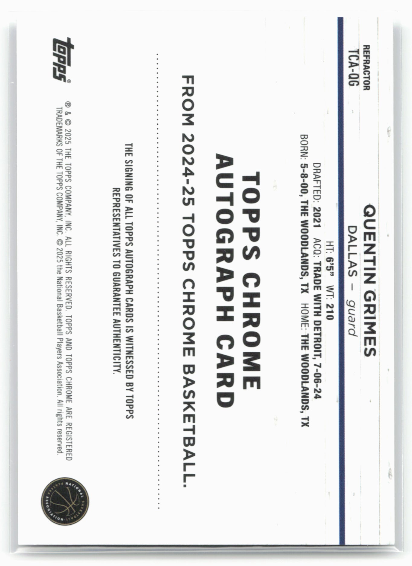 2024-25 Topps Chrome #TCA-QG Quentin Grimes Topps Chrome Autographs Refractor