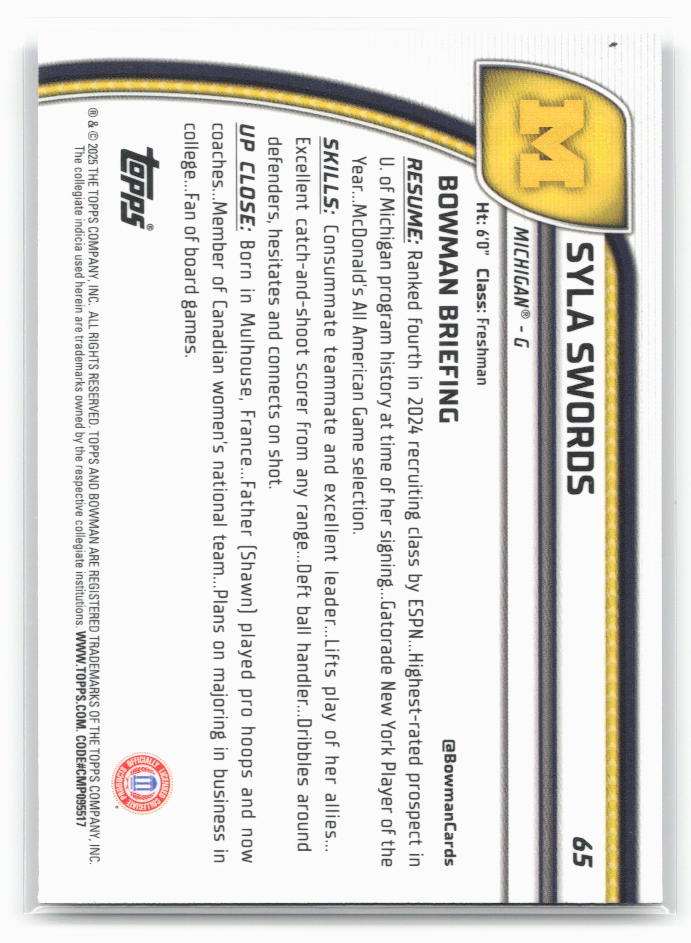 2024-25 Bowman University Chrome #65 Syla Swords Purple Lava Refractor