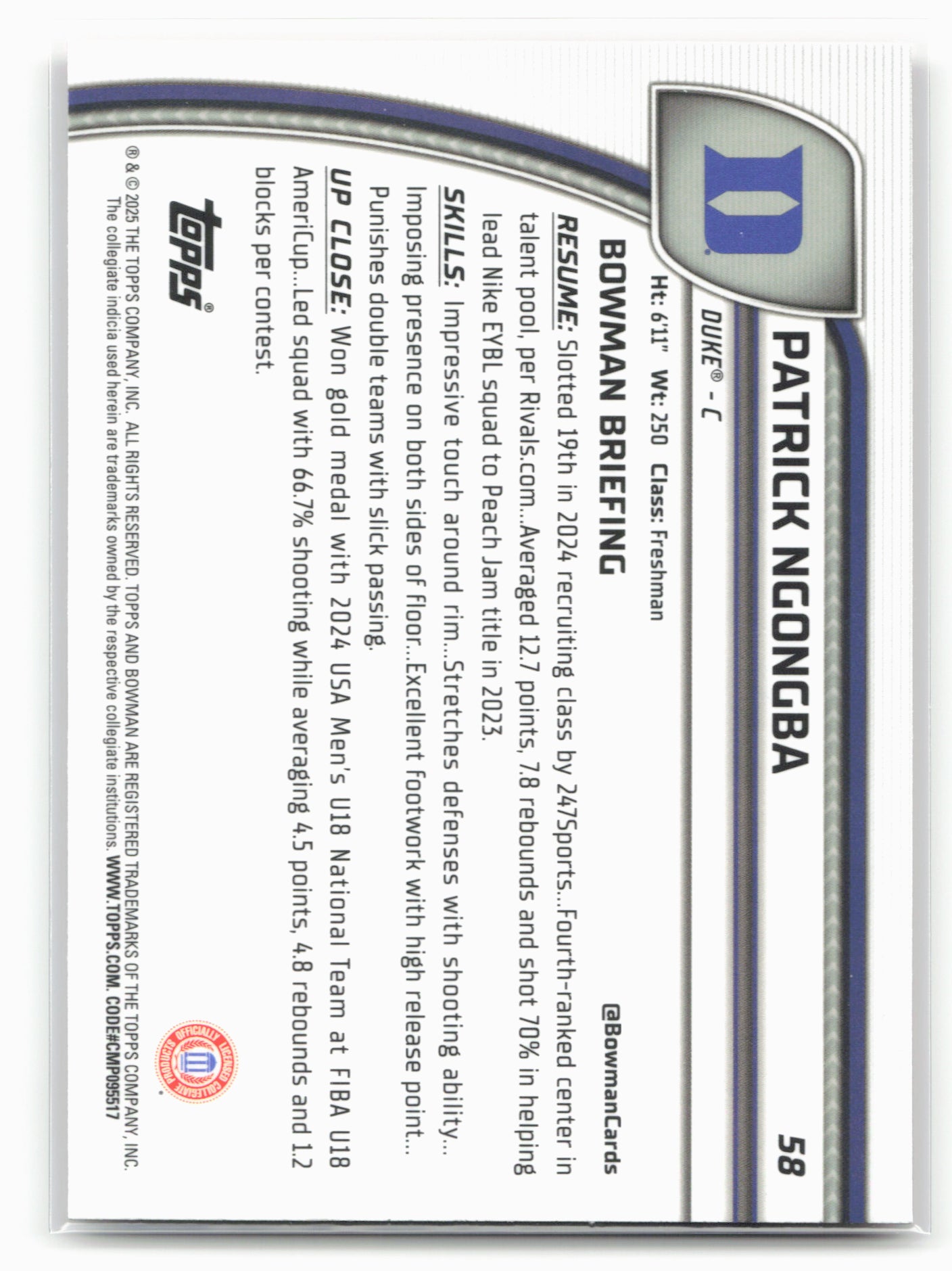 2024-25 Bowman Chrome #58 Patrick Ngongba Orange Shimmer Refractor #/65