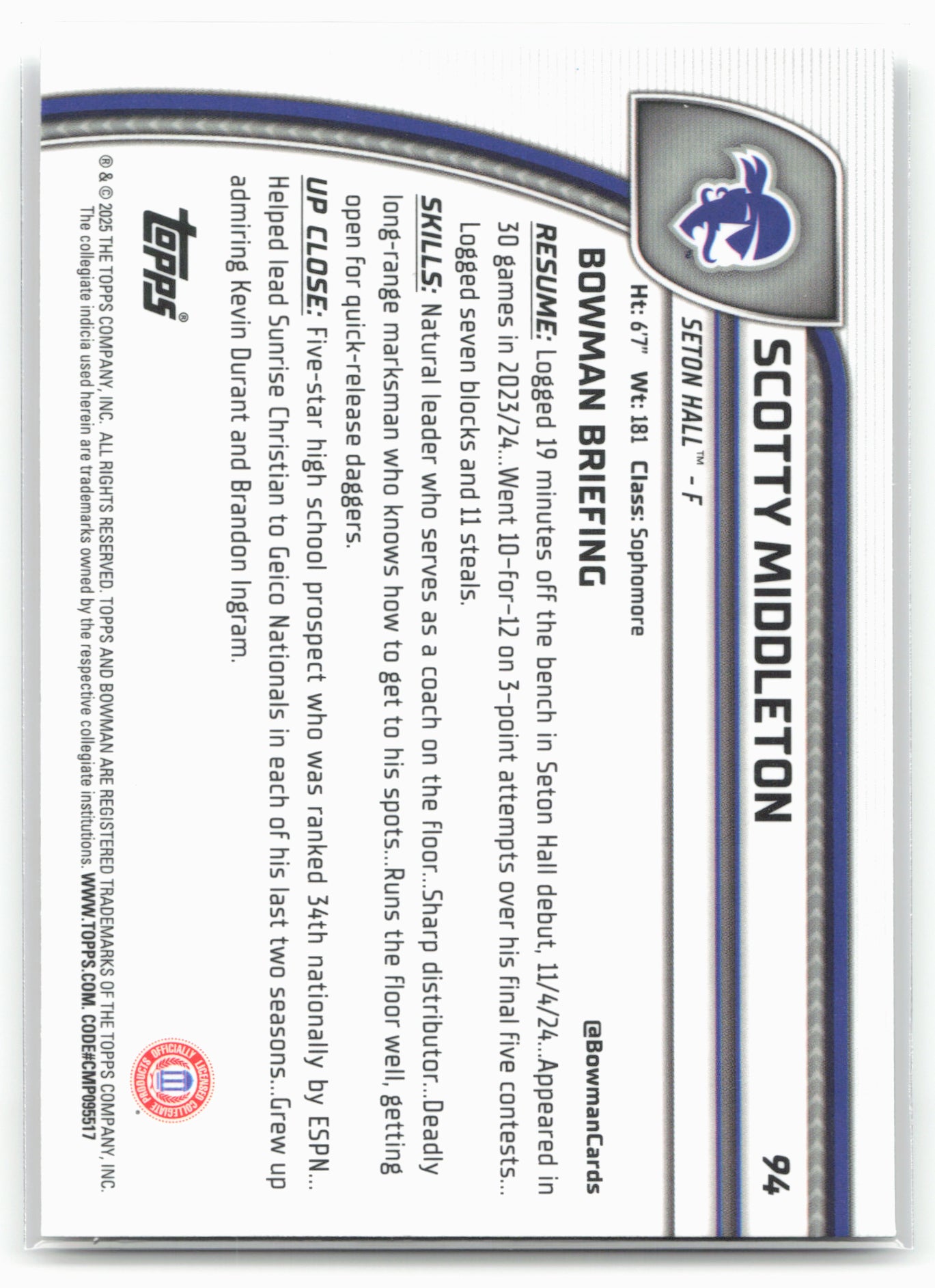 2024-25 Bowman University Chrome #94 Scotty Middleton 17871