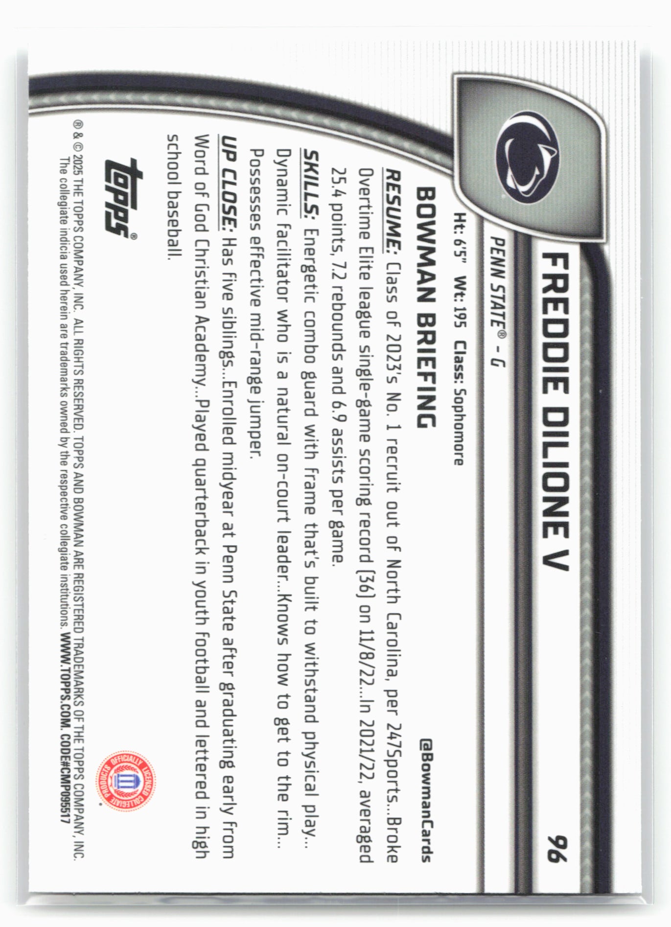 2024-25 Bowman University Chrome #96 Freddie Dilione 17915