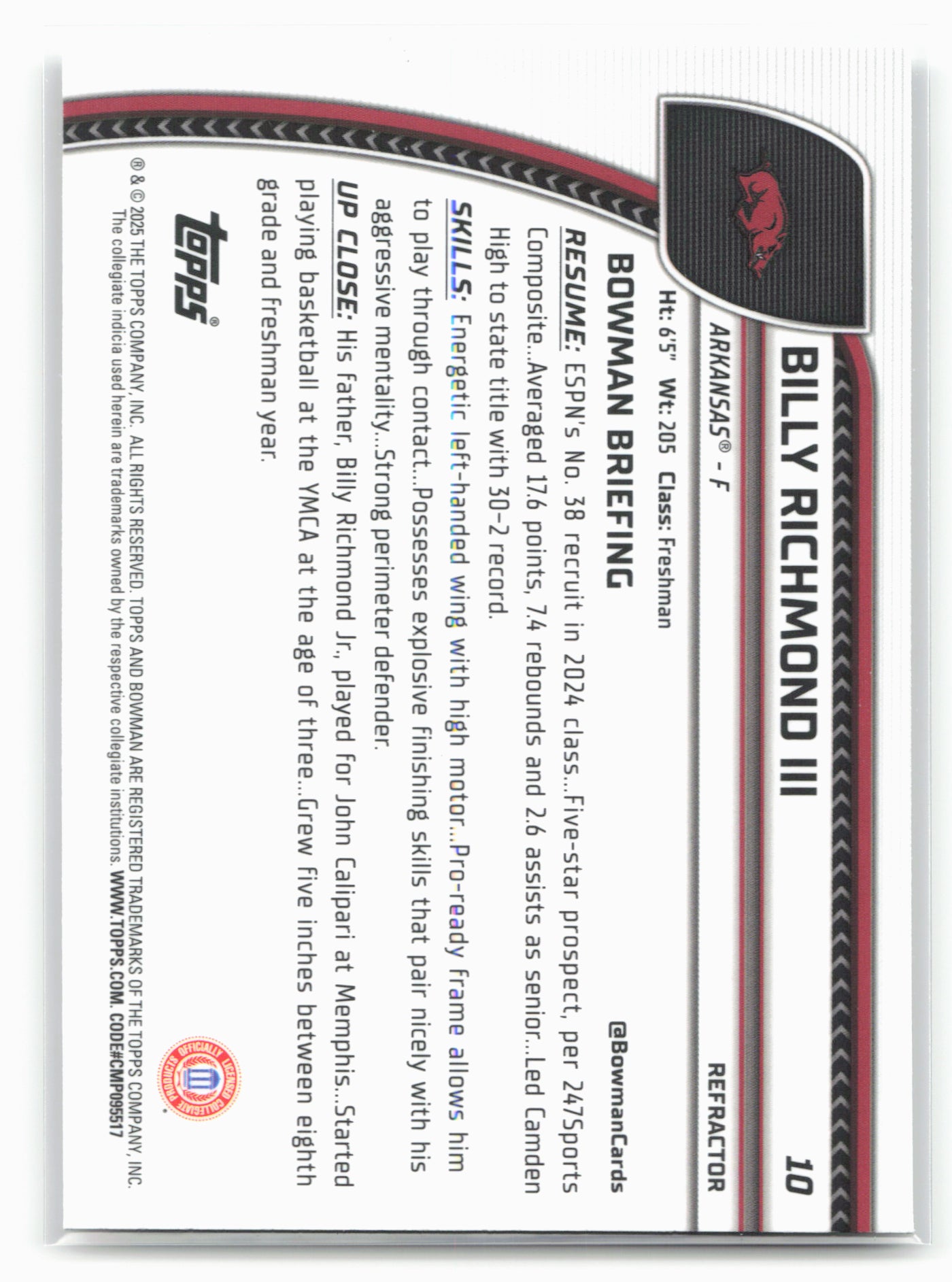 2024-25 Bowman University Chrome #10 Billy Richmond III Refractor 17947