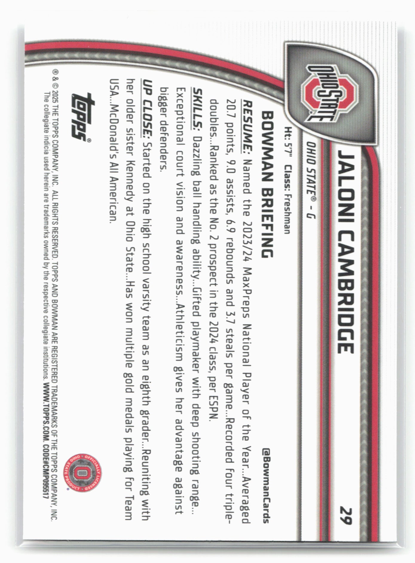 2024-25 Bowman University Chrome #29 Jaloni Cambridge 17969