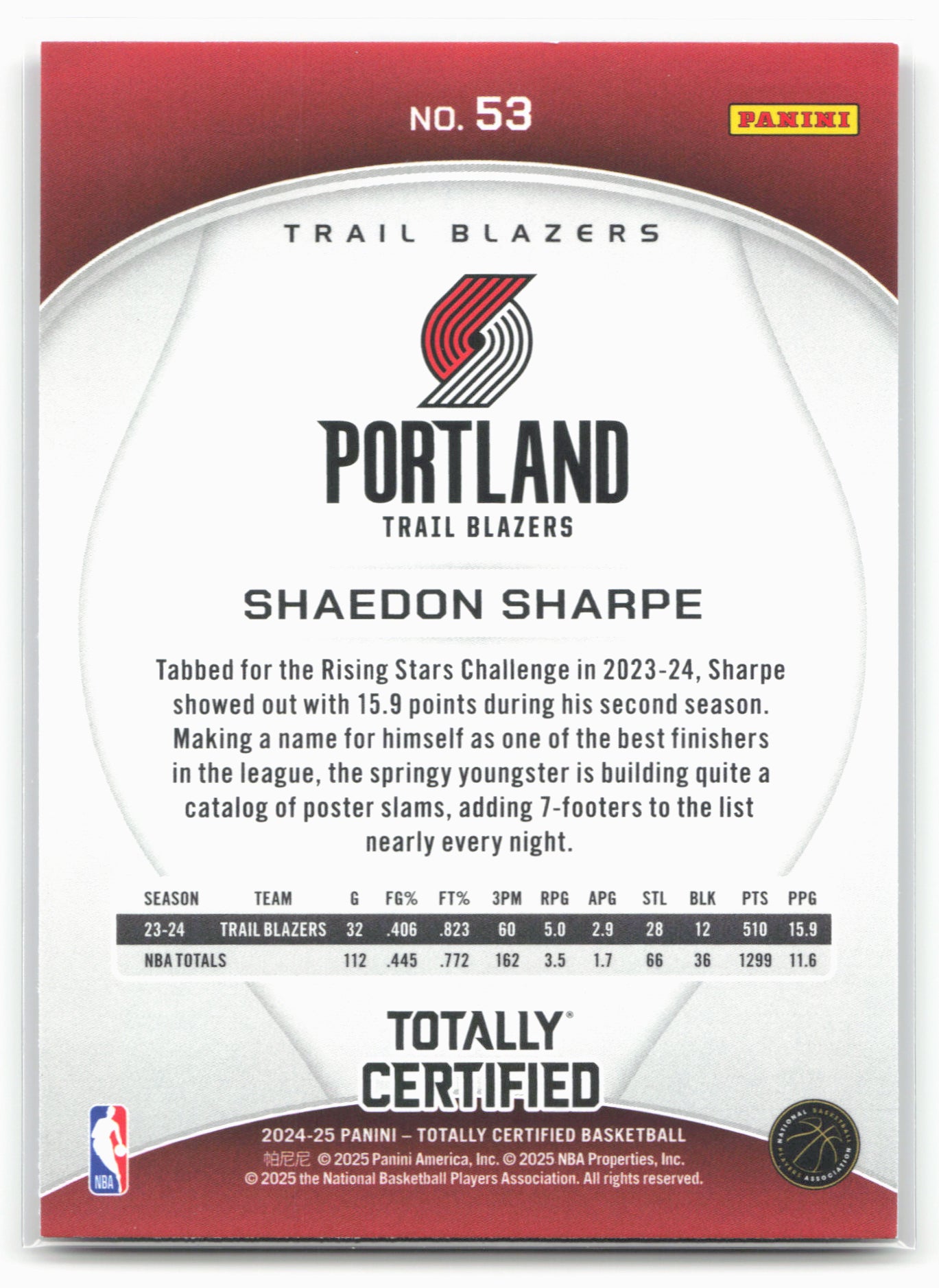 2024-25 Panini Totally Certified #53 Shaedon Sharpe 18404