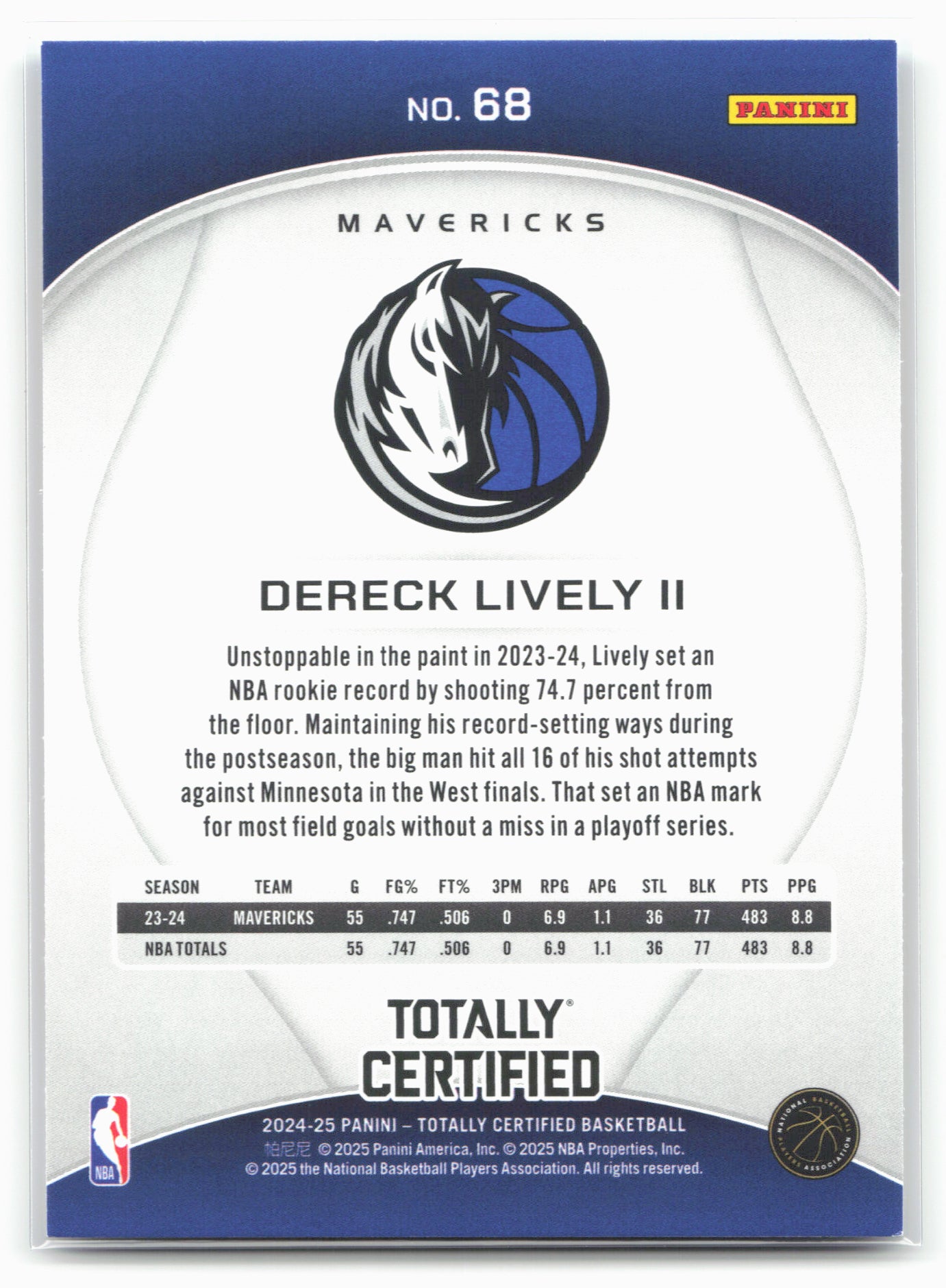 2024-25 Panini Totally Certified #68 Dereck Lively II Mirror Maroon