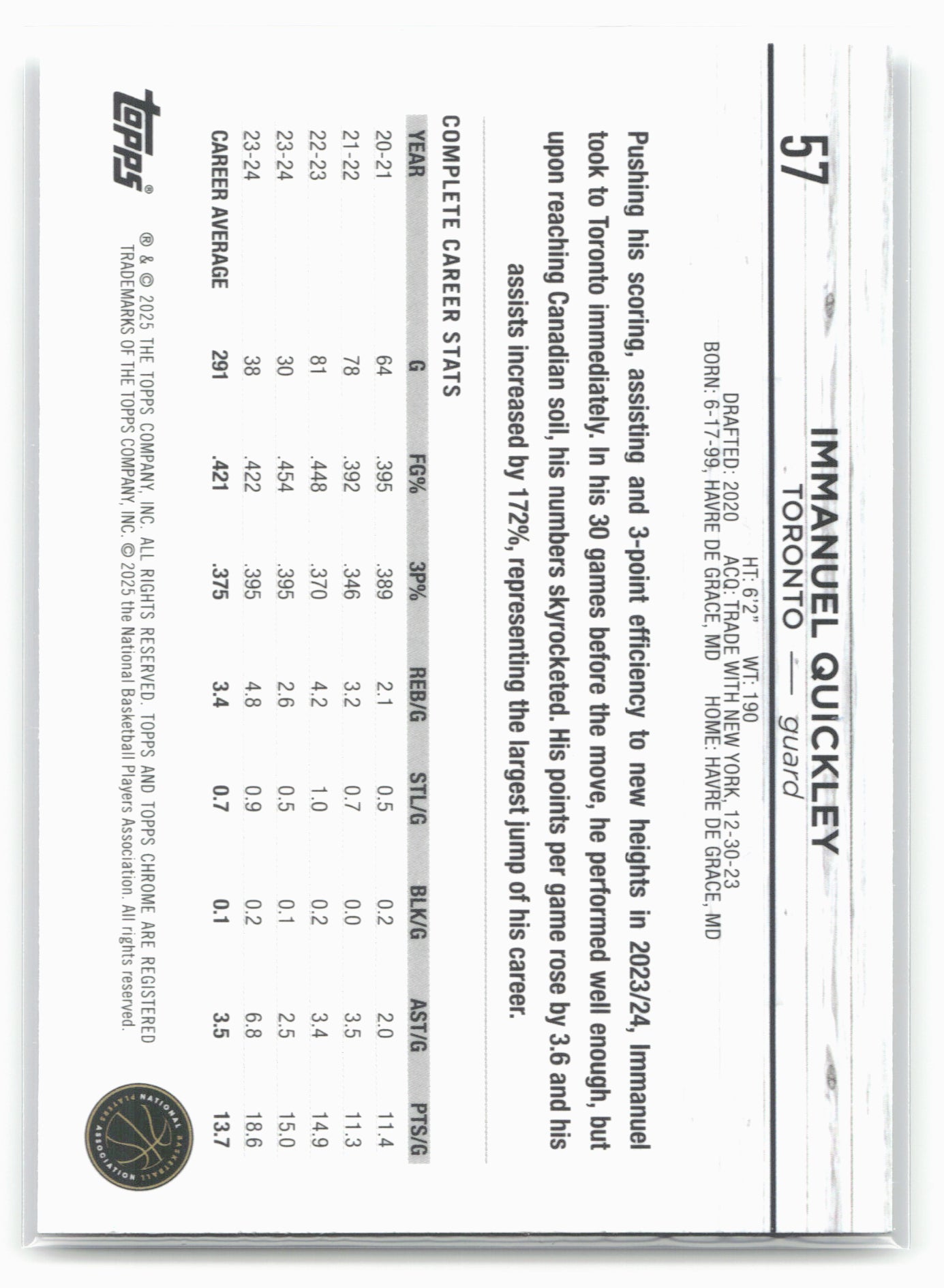 2024-25 Topps Chrome #57 Immanuel Quickley Blue Basketball Refractor
