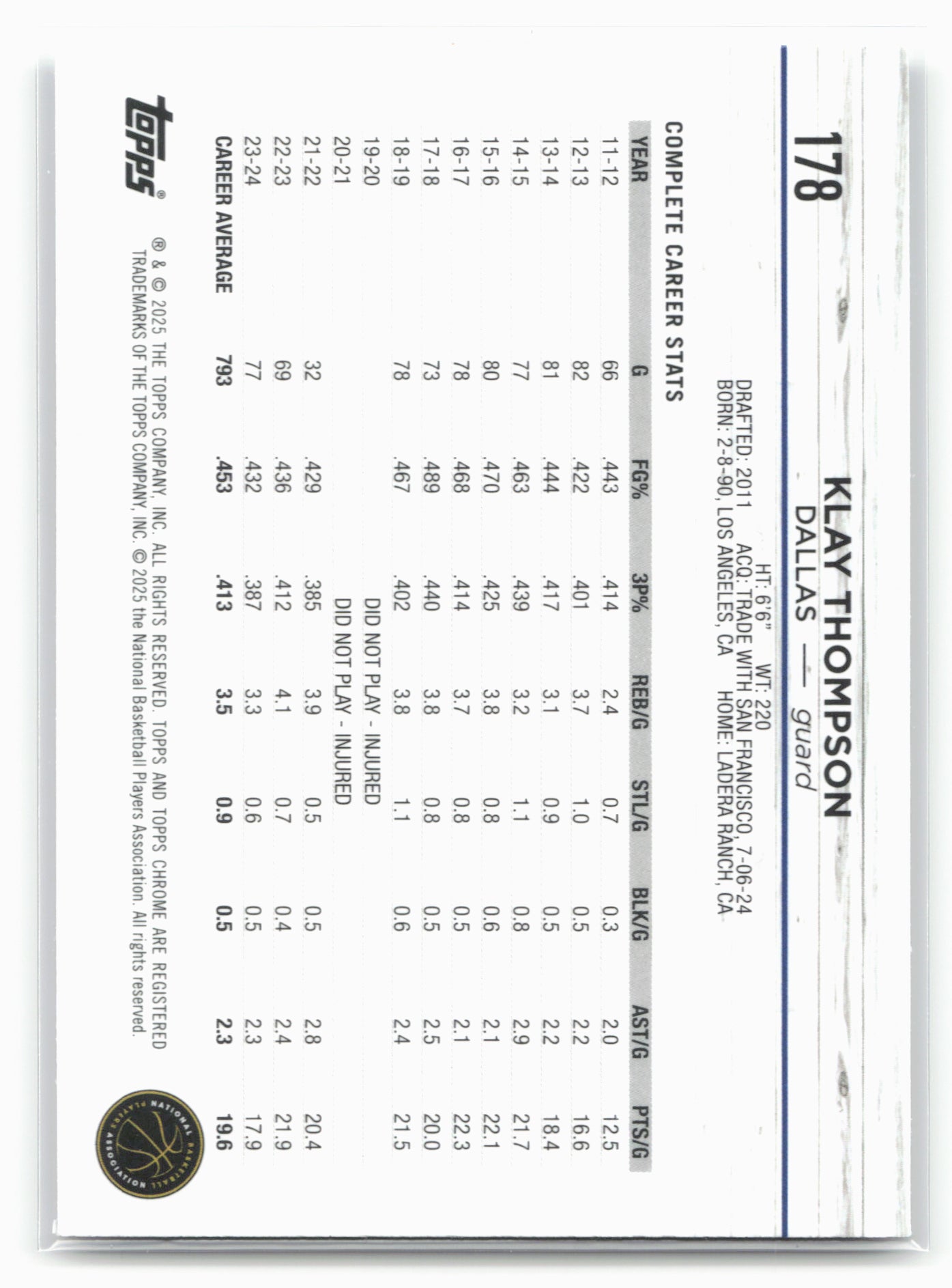 2024-25 Topps Chrome #178 Klay Thompson Purple Speckle Refractor 19217