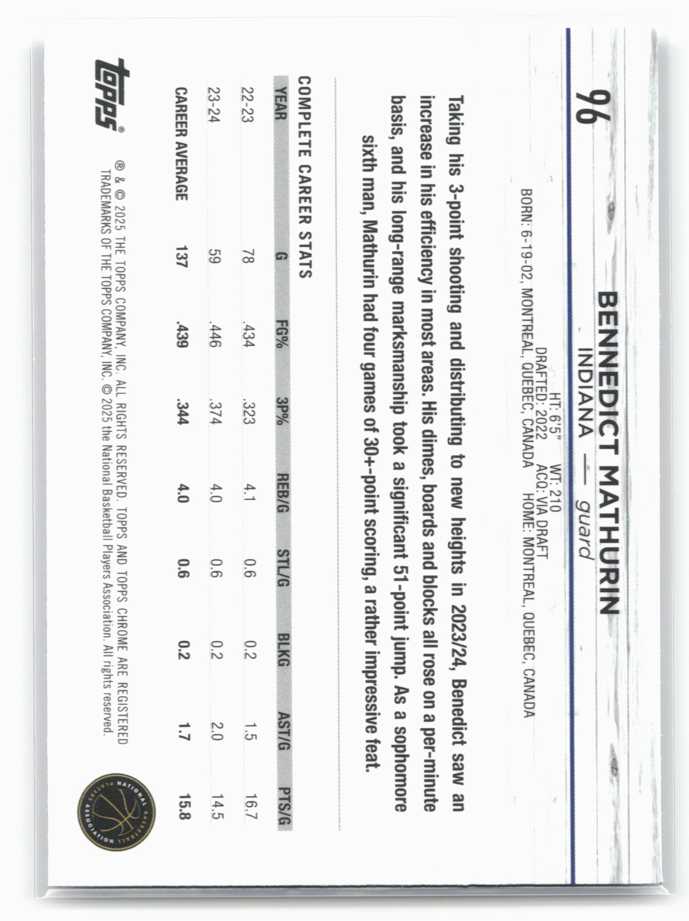 2024-25 Topps Chrome #96 Bennedict Mathurin Purple Speckle Refractor 19223