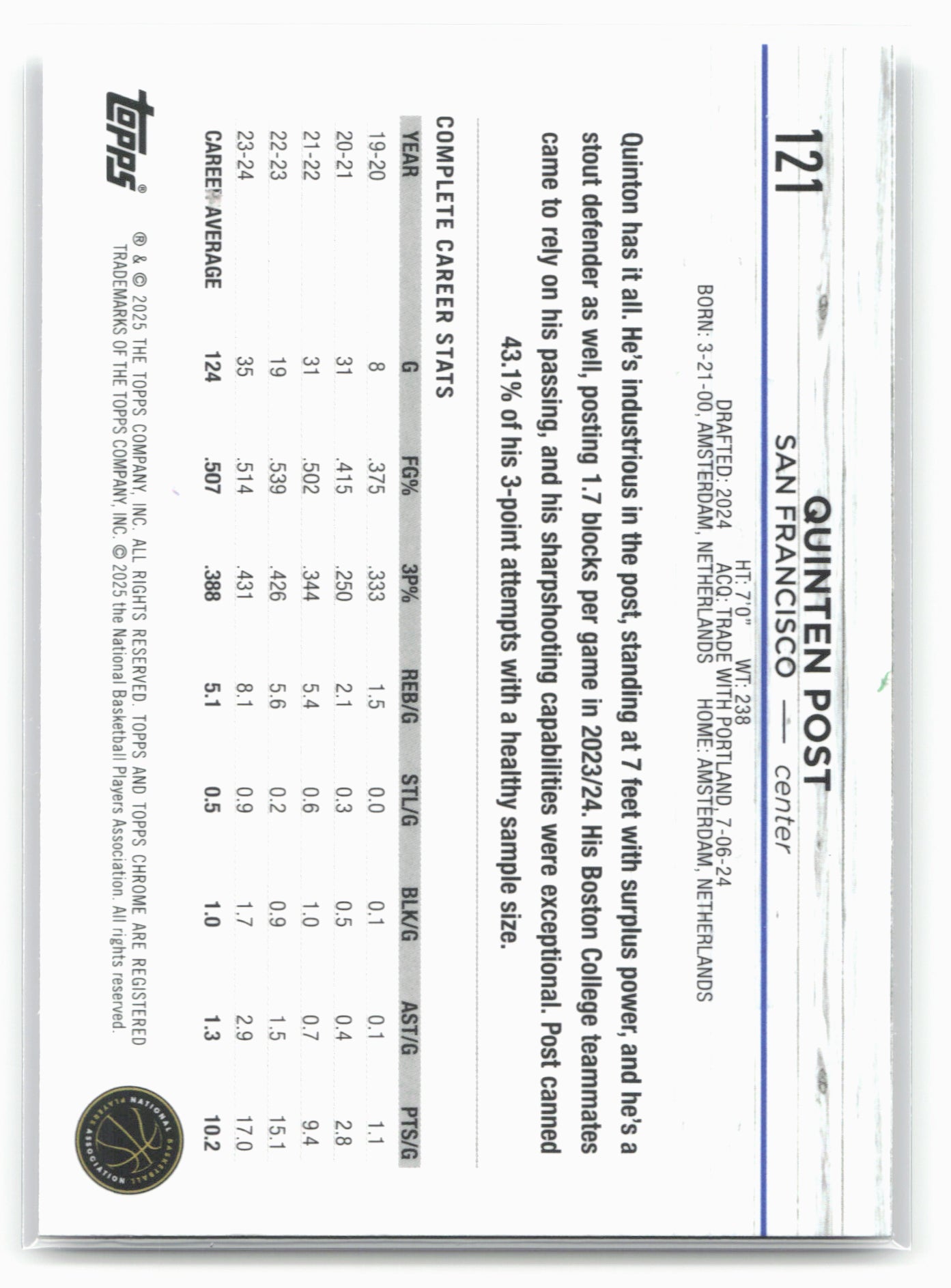 2024-25 Topps Chrome #121 Quinten Post Purple Refractor 19243