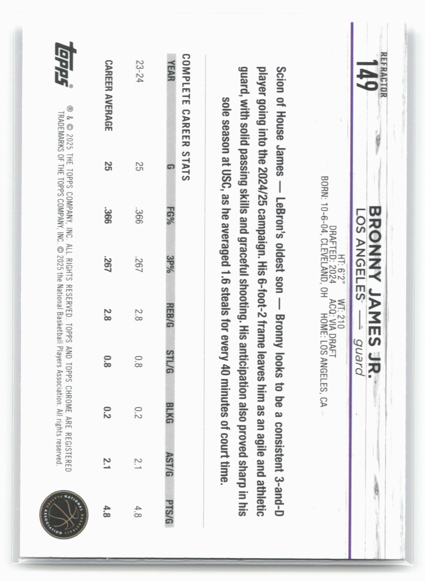 2024-25 Topps Chrome #149 Bronny James Jr. Refractor 19253