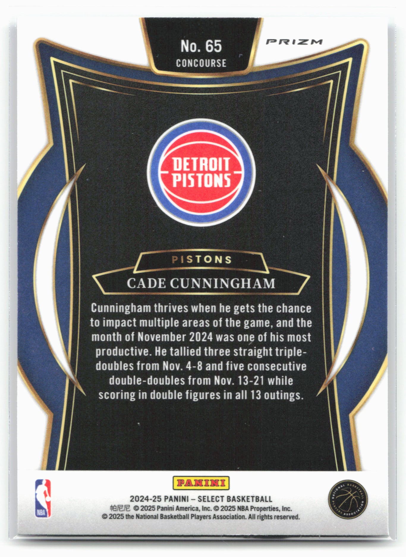 2024-25 Panini Select #65 Cade Cunningham Blue Cracked Ice Prizm