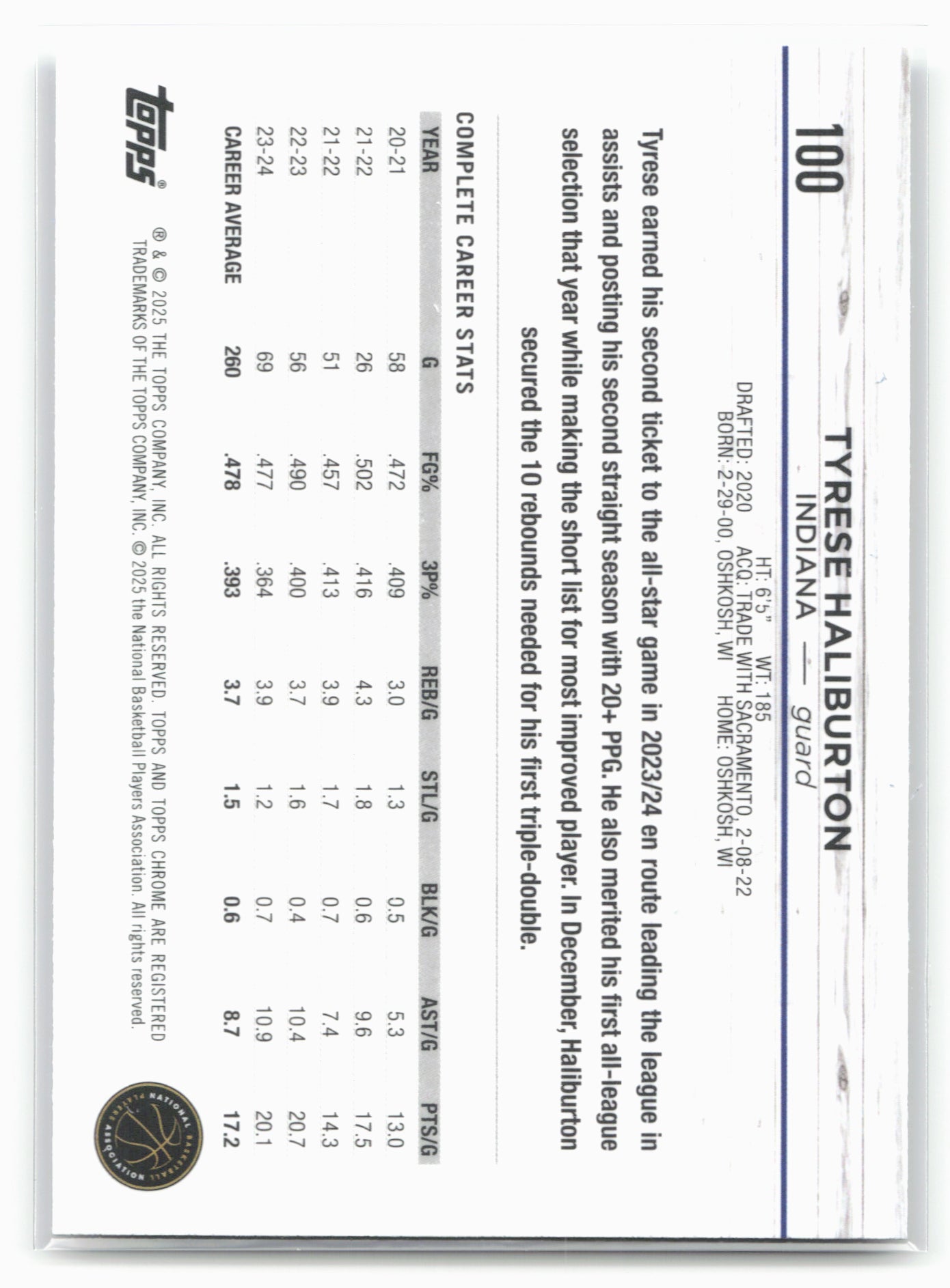 2024-25 Topps Chrome #100 Tyrese Haliburton Blue Basketball Refractor