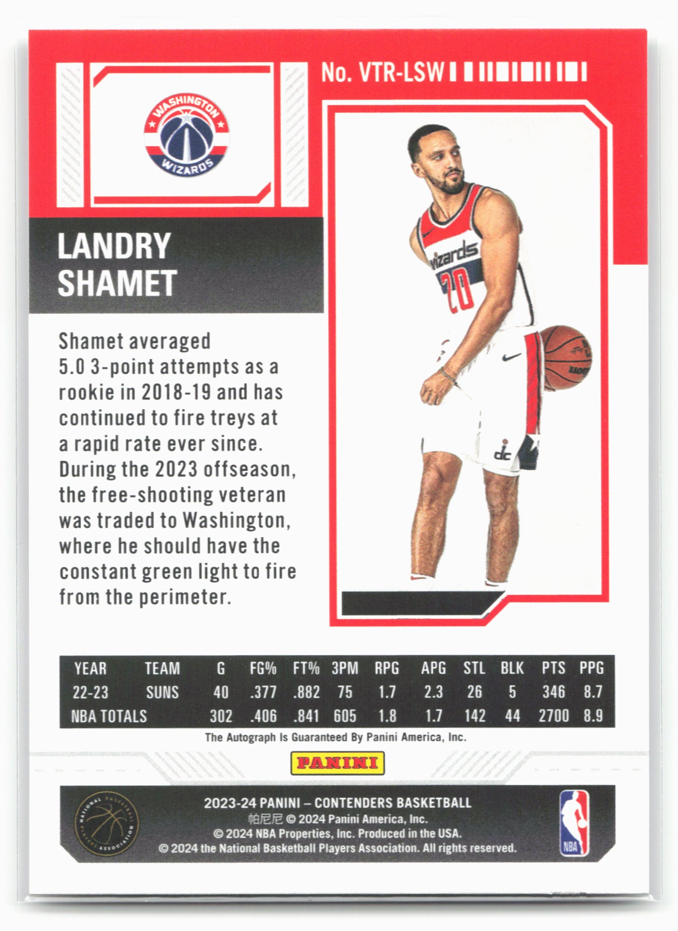 2023-24 Panini Contenders #VTR-LSW Landry Shamet Veteran Season Ticket Retail